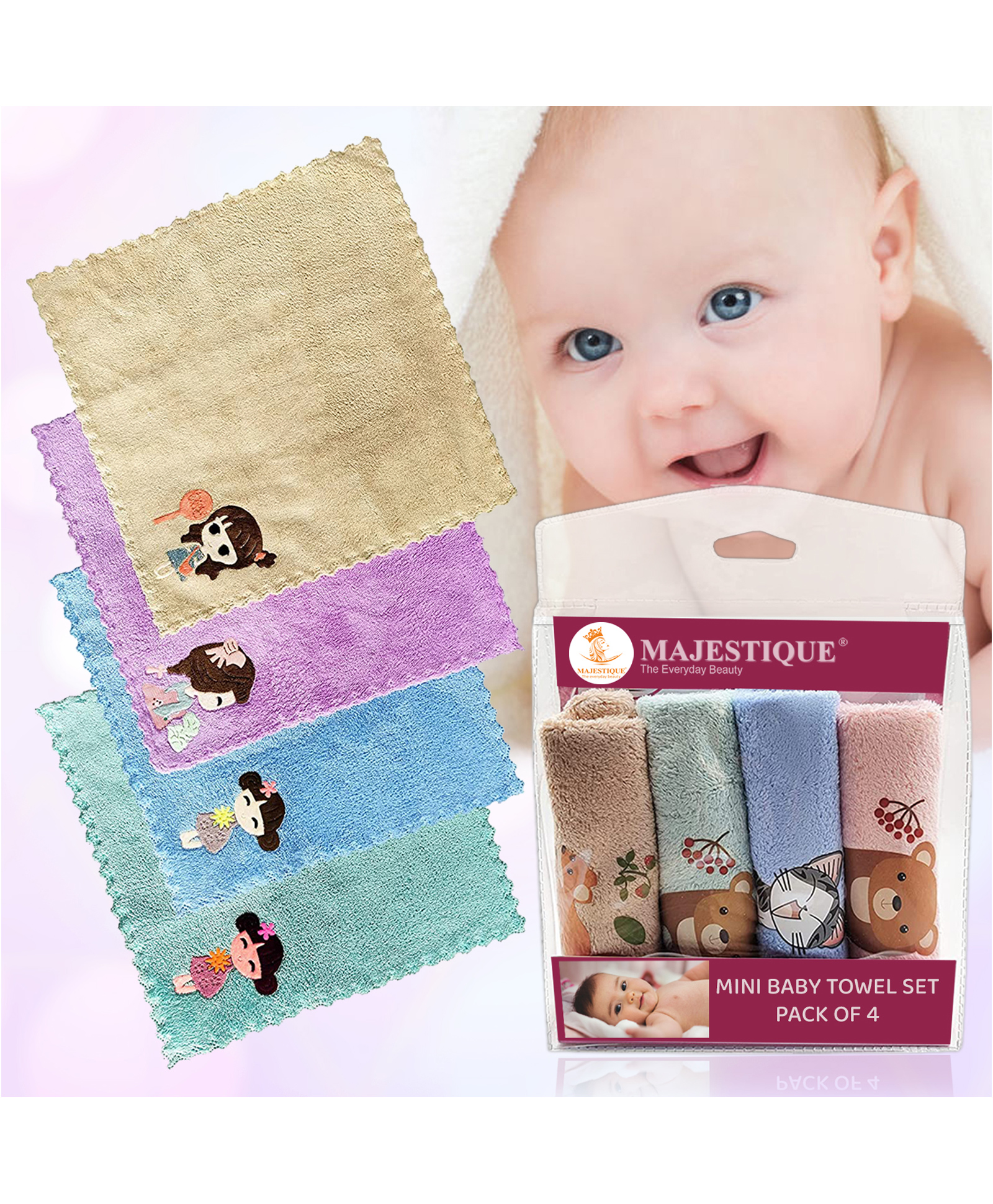 Majestique Baby Face Towels,Kids Hankies, Baby Bathing Cloth for Newborn,Infant,Kids 10x10inch, Multicolor (Pack of 4)-image-25