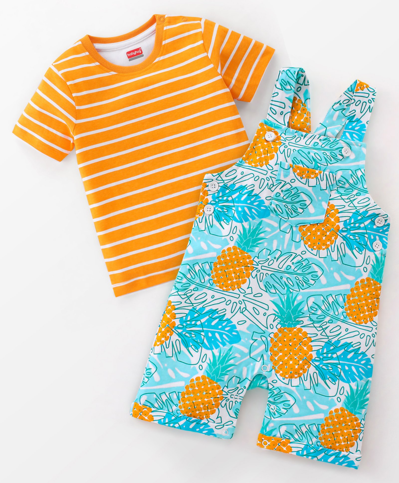 Babyhug 100% Cotton Woven Single Jersey Dungaree & Half Sleeves T-Shirt Set Tropical Print - Orange & Blue-image-31