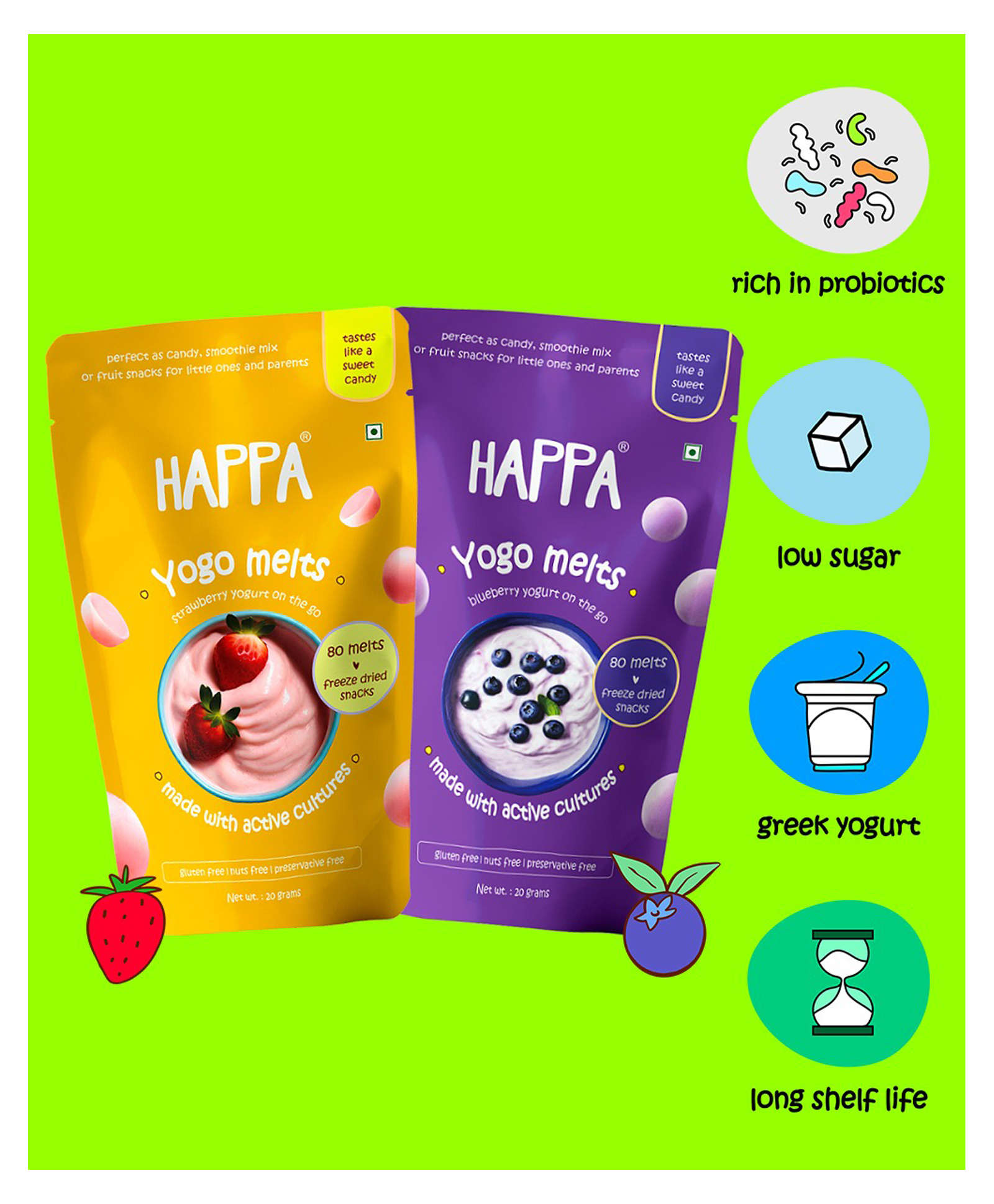 Happa Melts fruit and yogurt snacks( strawberry and blueberry yogo melts), 2 flavour variety Pack, Melts in mouth, easy to carry, great taste (Pack of 2)-image-12
