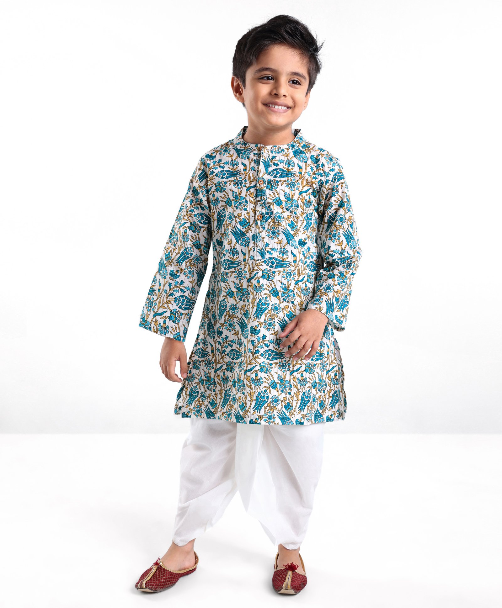 Babyhug Cotton Woven Full Sleeves Kurta & Dhoti Set With Floral Print - Blue & White-picture-23