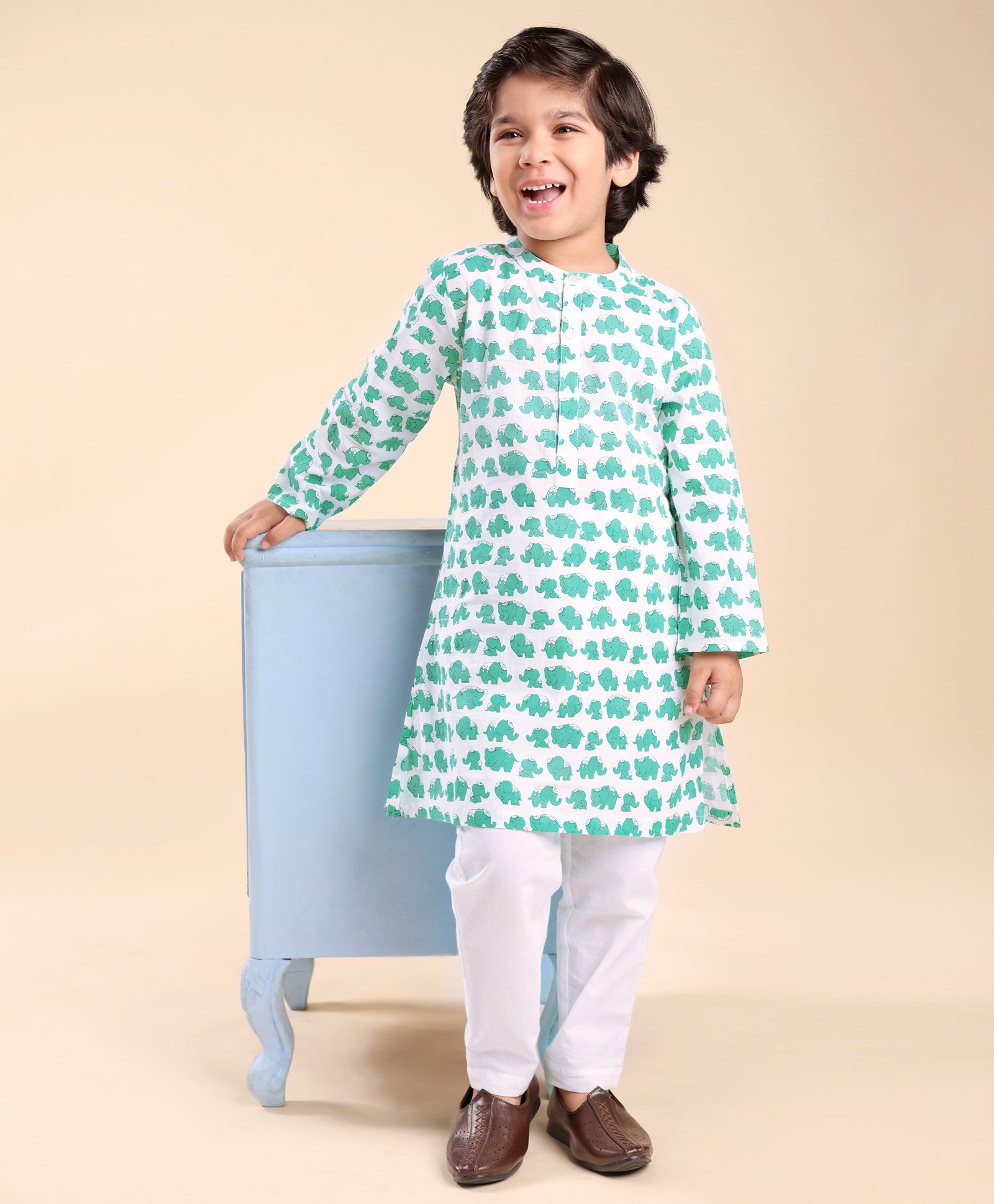 Babyhug Cotton Woven Full Sleeves Elephant Print Kurta & Pajama Set - Green & White-picture-17