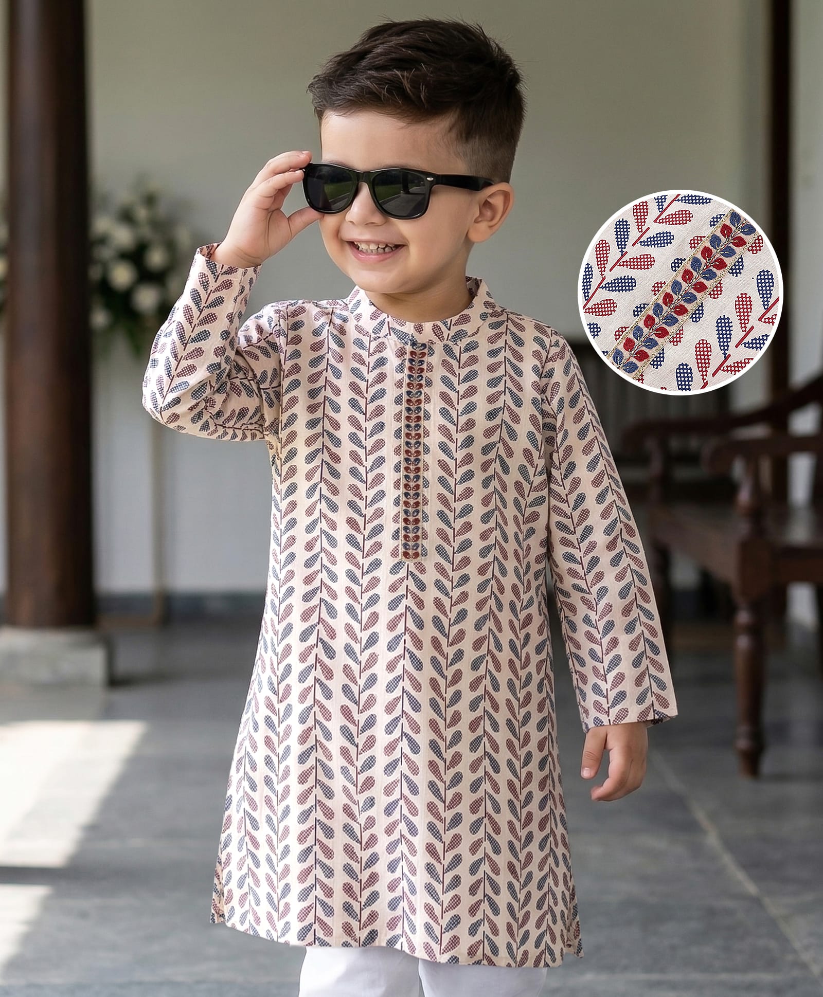 Babyhug Cotton Woven Full Sleeves Kurta with Leaf Print - Red & Navy-image-41