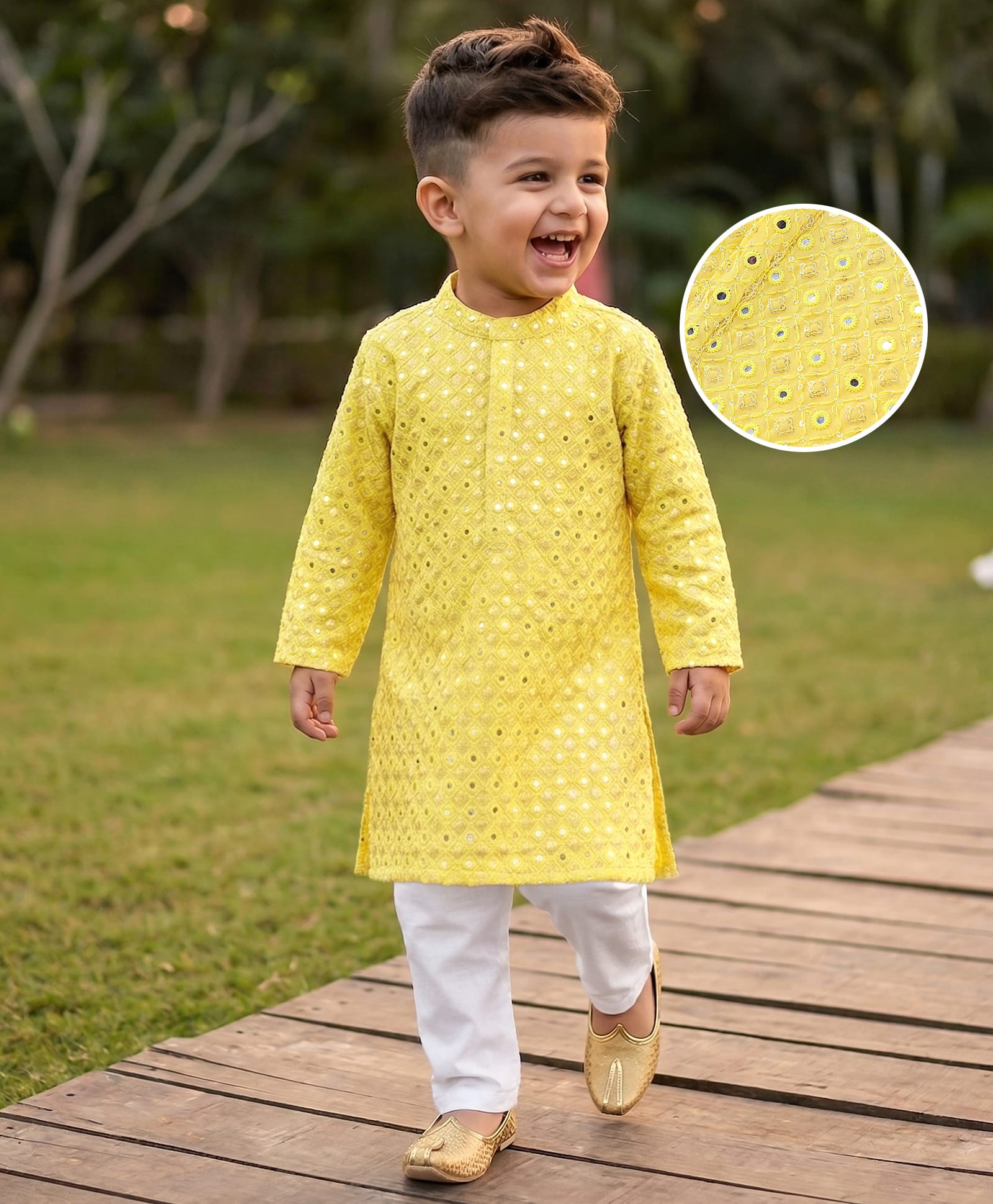 Babyhug Woven Full Sleeves Mirrior Embroide Kurta Payjama Set - Yellow-picture-14