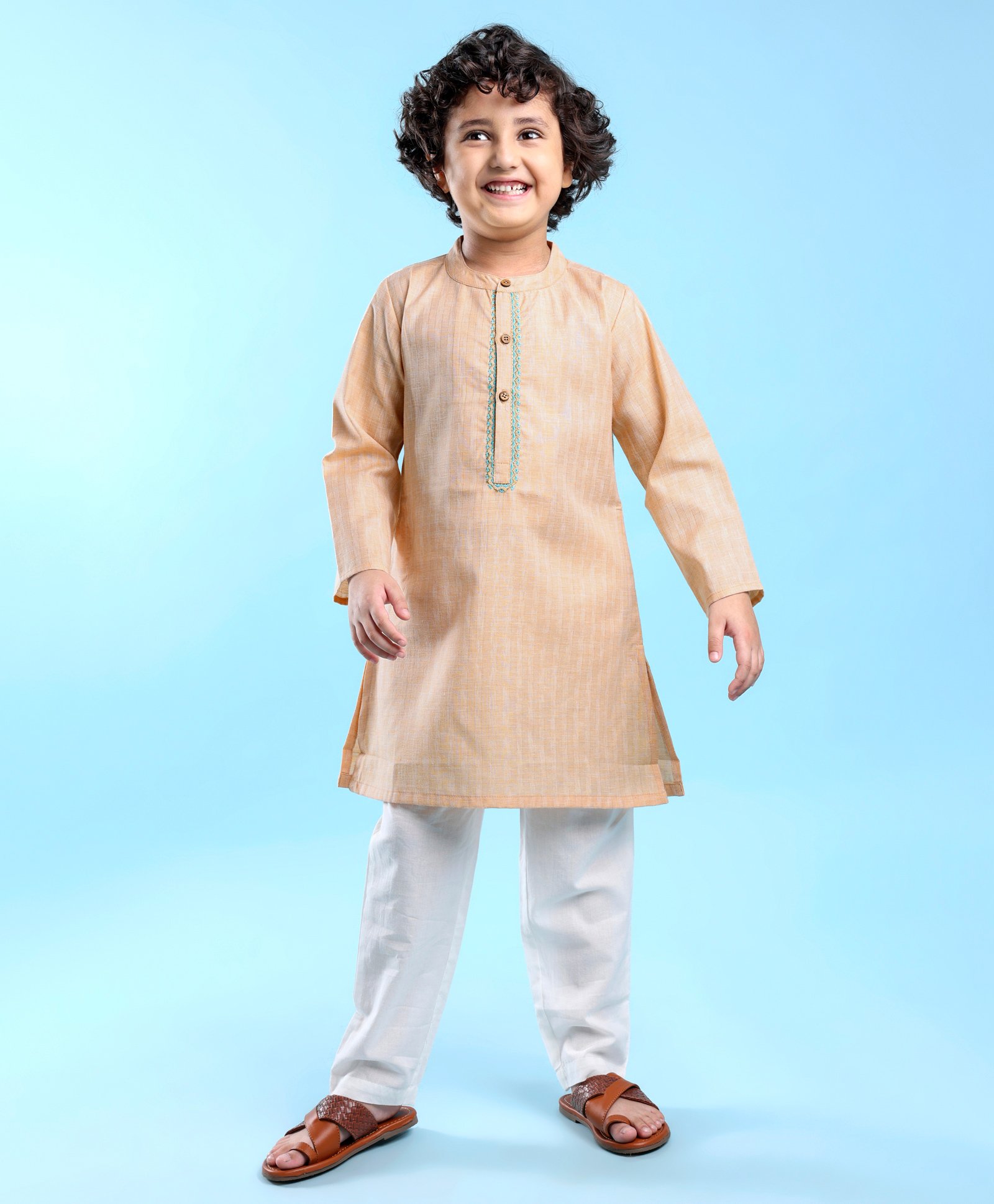 Babyhug Woven  Full Sleeves Dobby Embroidered Kurta - Orange-image-3