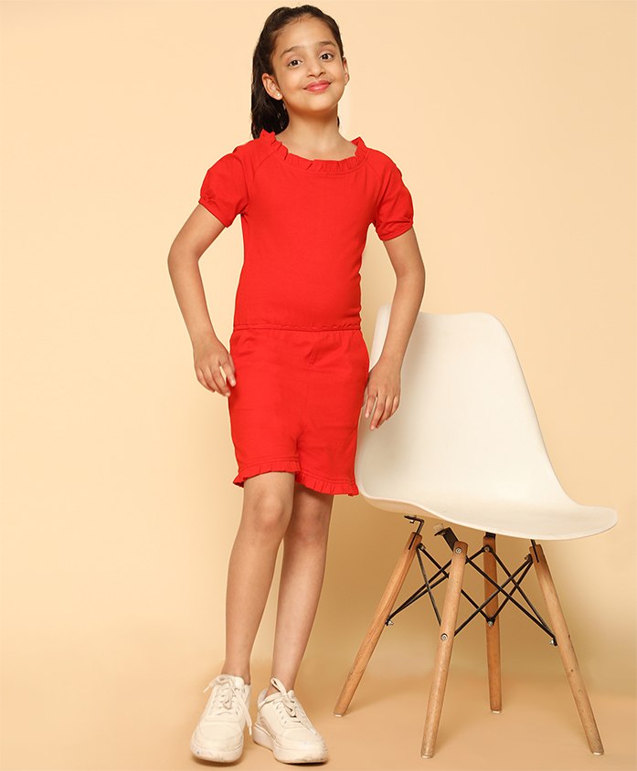 Kids Cave Half Sleeves Solid Biowashed Jumpsuit - Red-picture-11