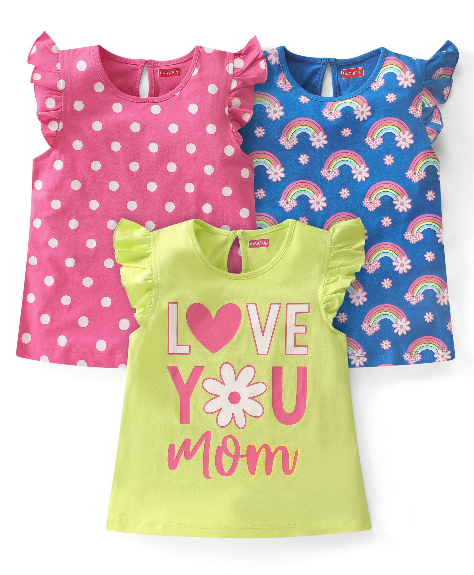 Babyhug Cotton Knit Sleeveless Top with Frill Detailing Polka Dot Graphic Pack of 3 - Pink Blue & Green-image-4