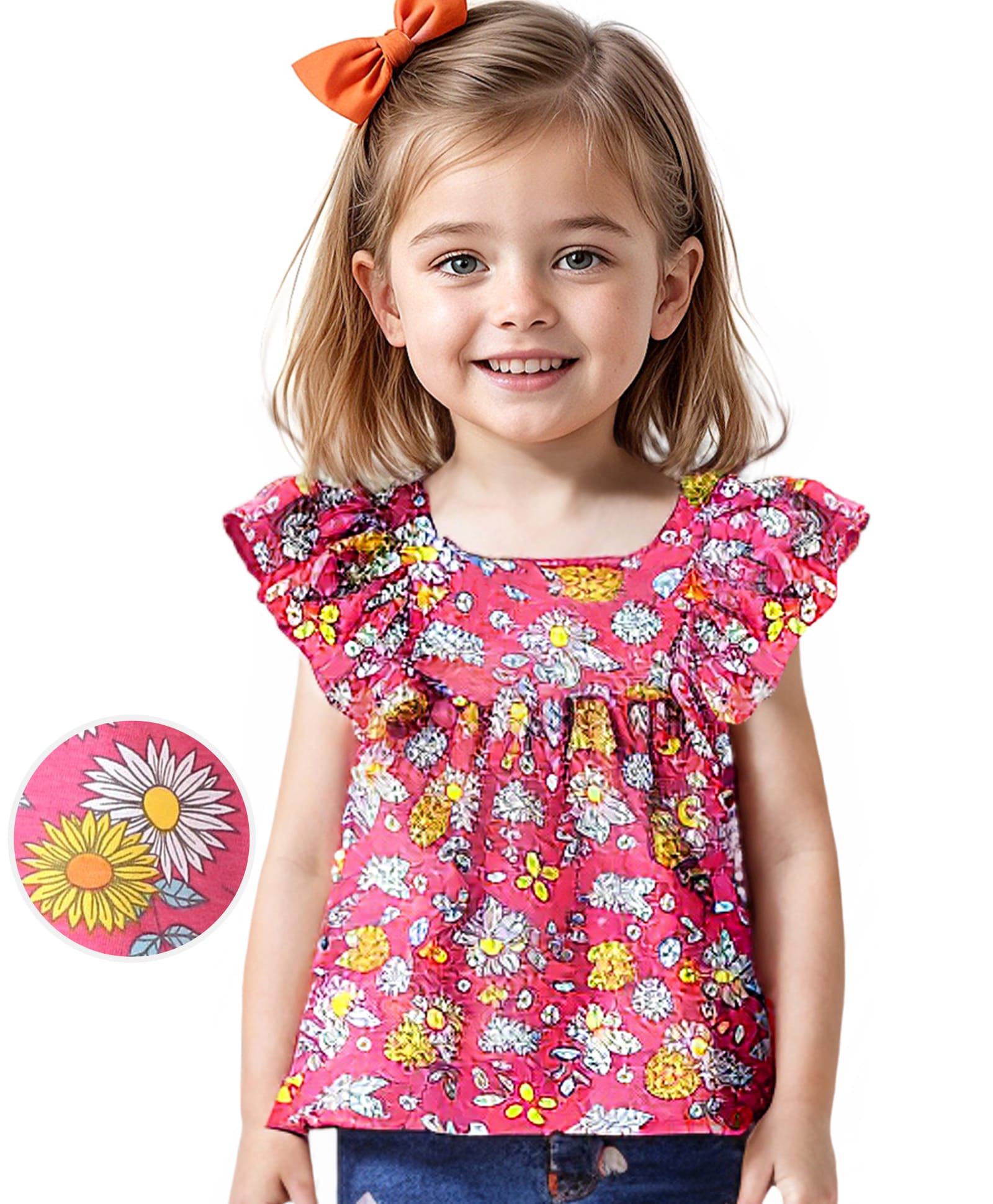 Babyhug Cotton Knit Frill Sleeves Floral Printed Top - Pink-image-47