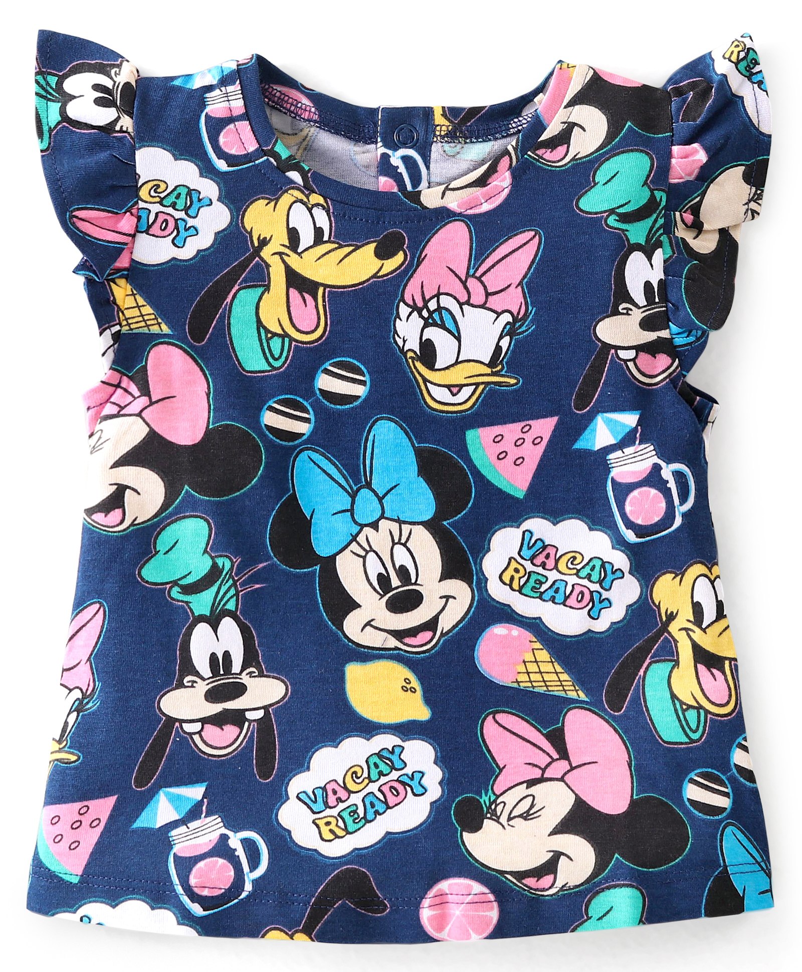 Babyhug Disney 100% Cotton Knit Half Sleeves Top With Minnie Mouse Print & Frill Detailing - Navy Blue-picture-27