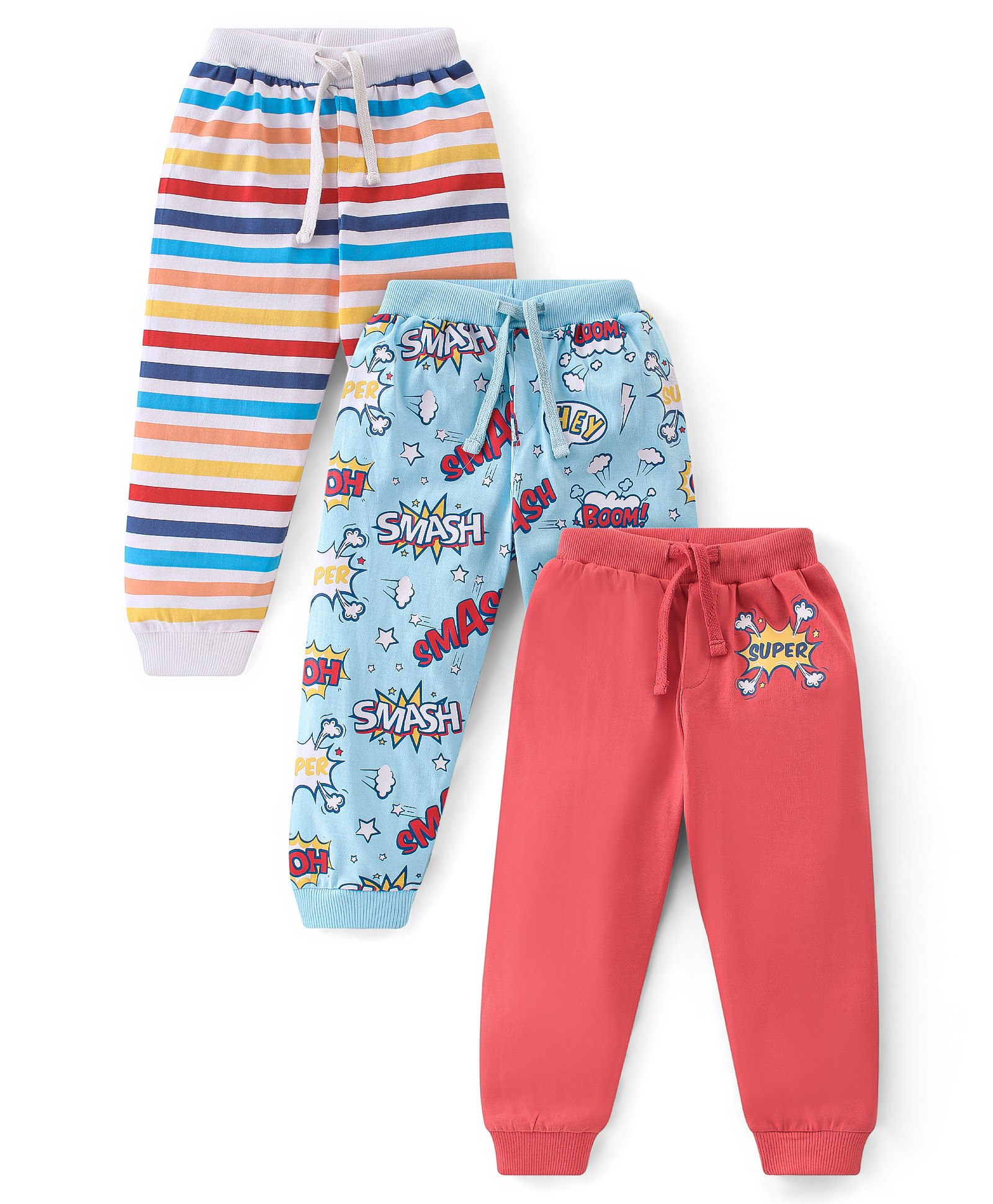 Babyhug Cotton Knit Full Length Lounge Pant With Striped Text Print Pack of 3  - Multicolor-image-48