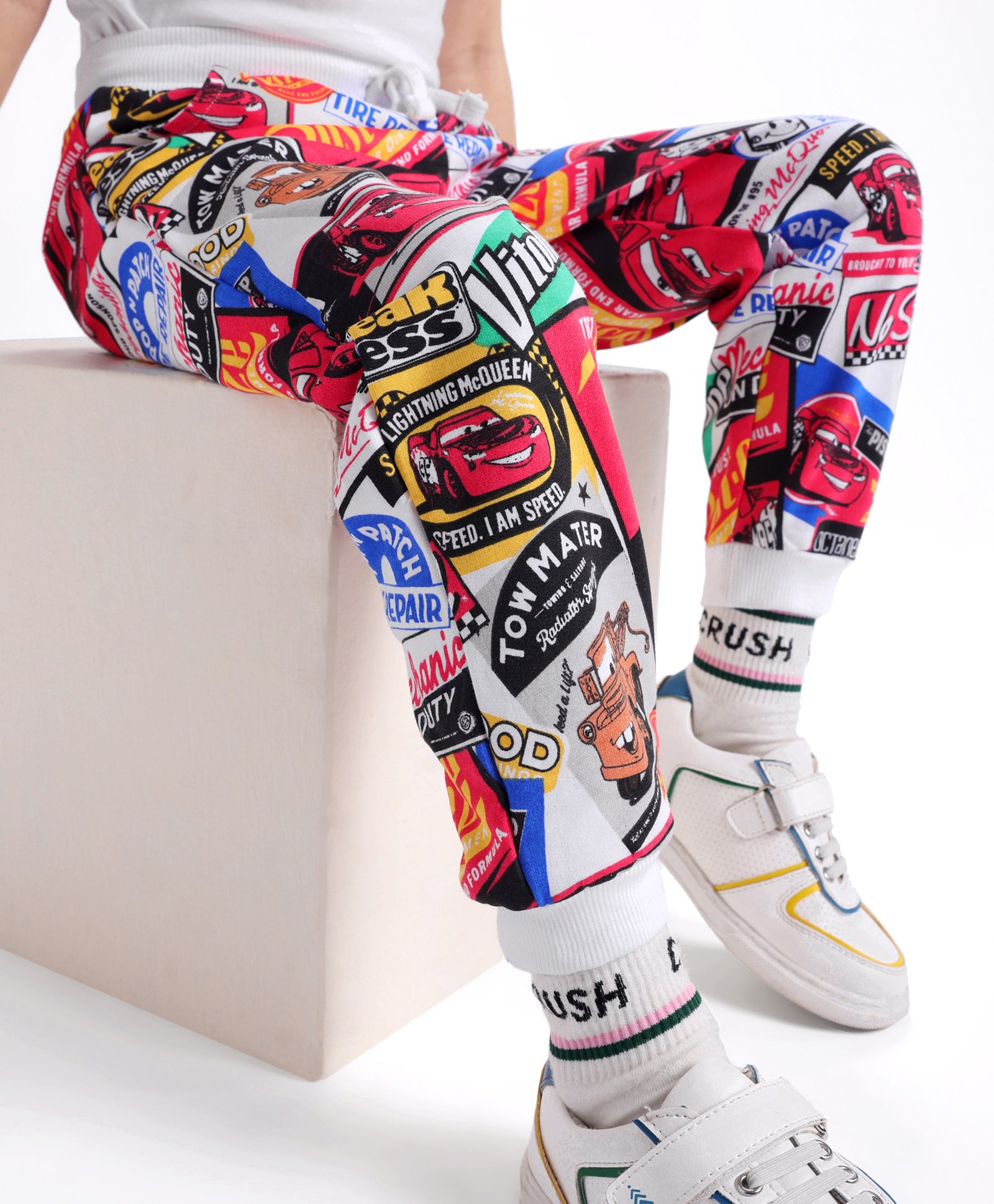 Babyhug Disney Cotton Looper Knit Full Length Lounge Pant With Cars Print - Red-picture-17