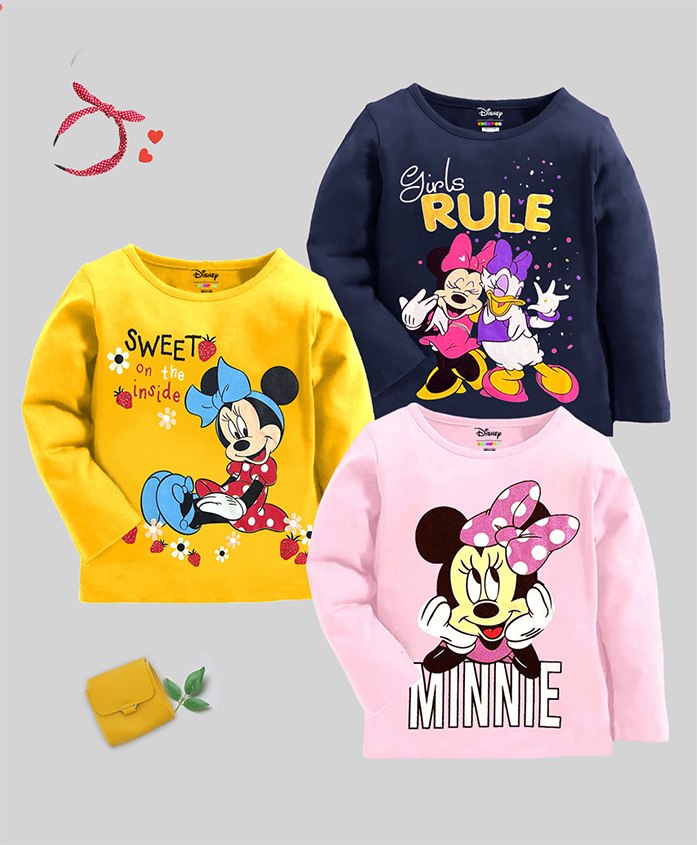 KUCHIPOO Disney Featuring Pack Of 3 Full Sleeves Minnie Mouse & Daisy Duck Printed Tees - Yellow Blue & Light Pink-picture-4