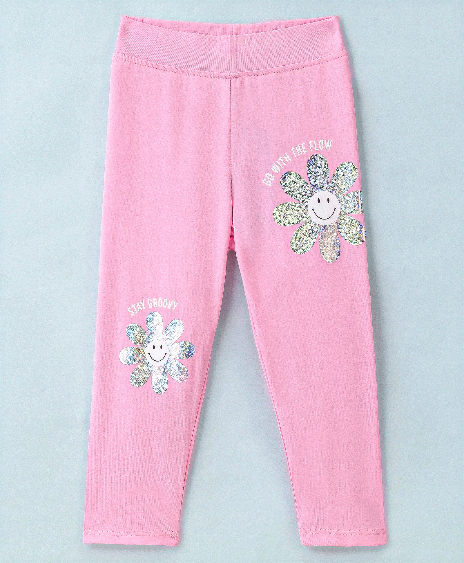 Little Kangaroos 100% Cotton Lycra Knit Full Length Legging With Floral Foil Print - Pink-picture-17