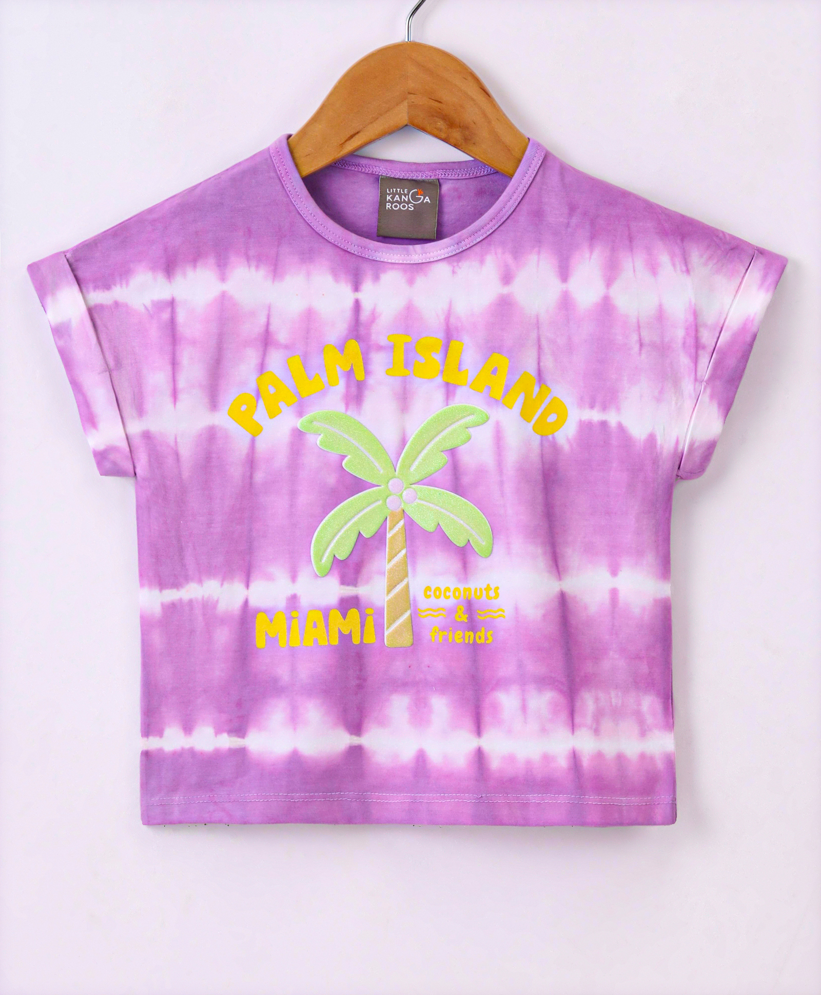 Little Kangaroos Cotton Knit Half Sleeves Tie & Dye Palm Tree Printed T-Shirt - Purple-picture-27