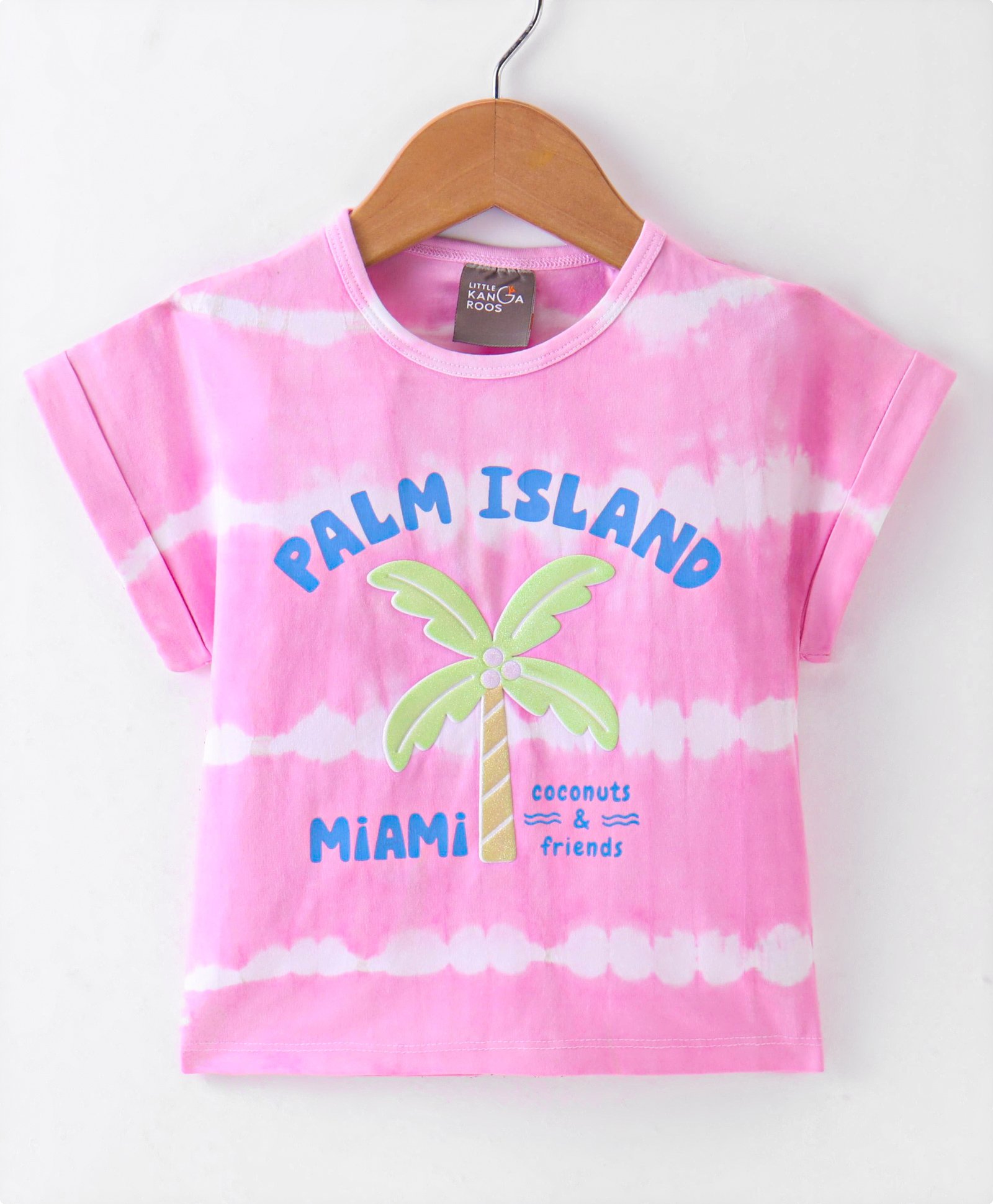 Little Kangaroos Cotton Knit Half Sleeves Tie & Dye Palm Tree Printed T-Shirt - Pink-image-31