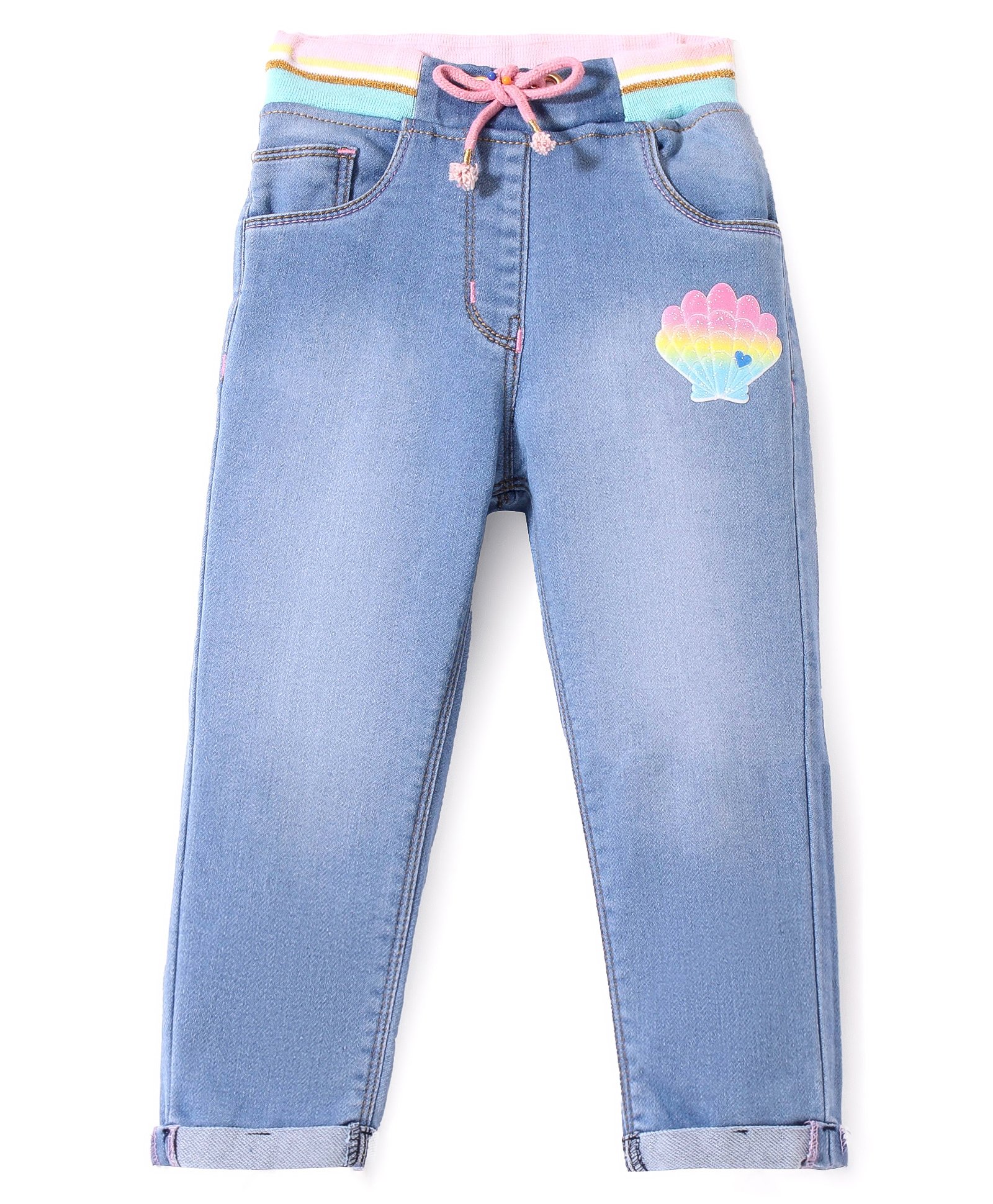 Little Kangaroos 100% Cotton Denim Full Length Washed Jeans With Shell Print - Light Blue-picture-29