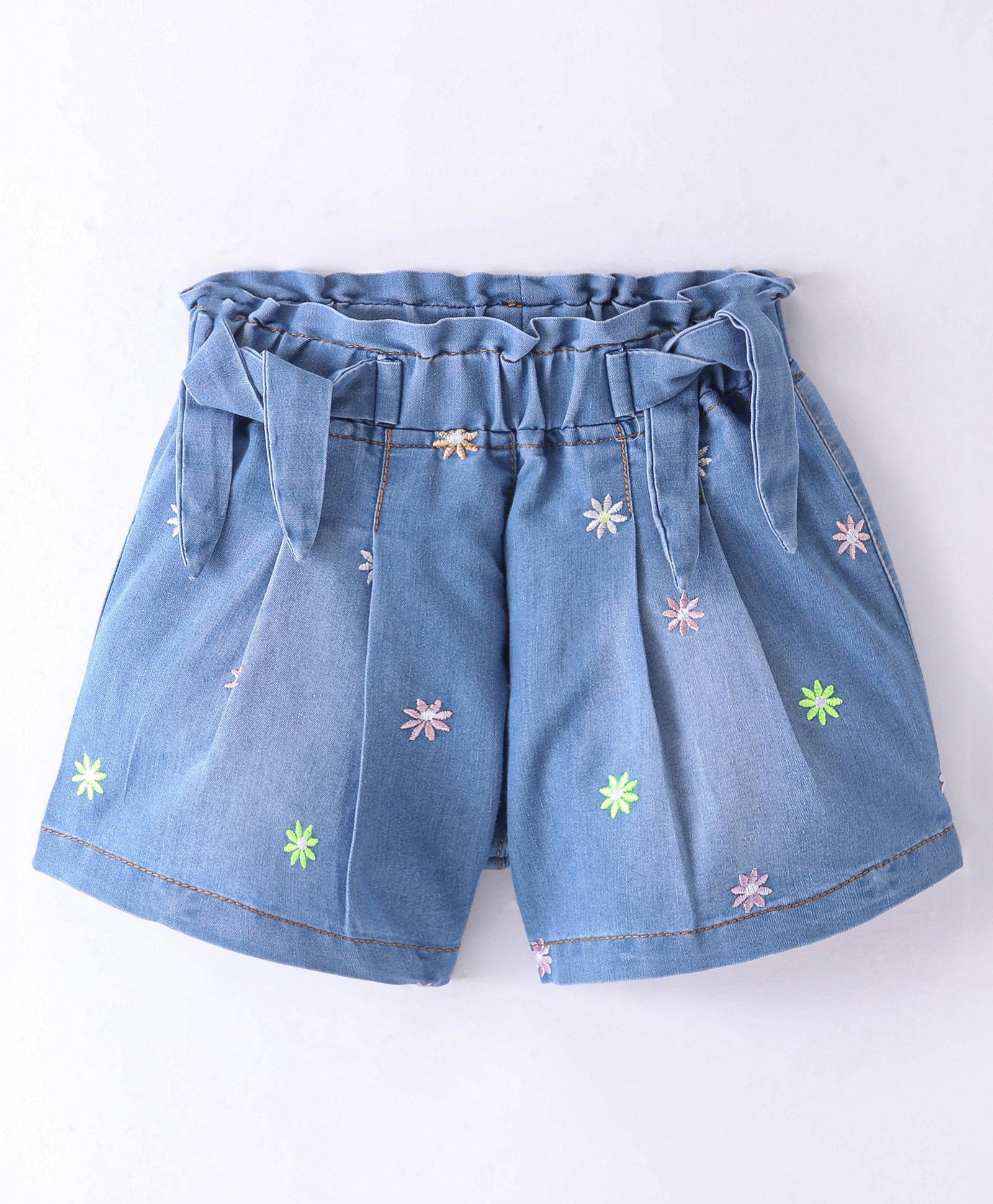 Little Kangaroos Denim Shorts With Floral Embroidery - Light Blue
