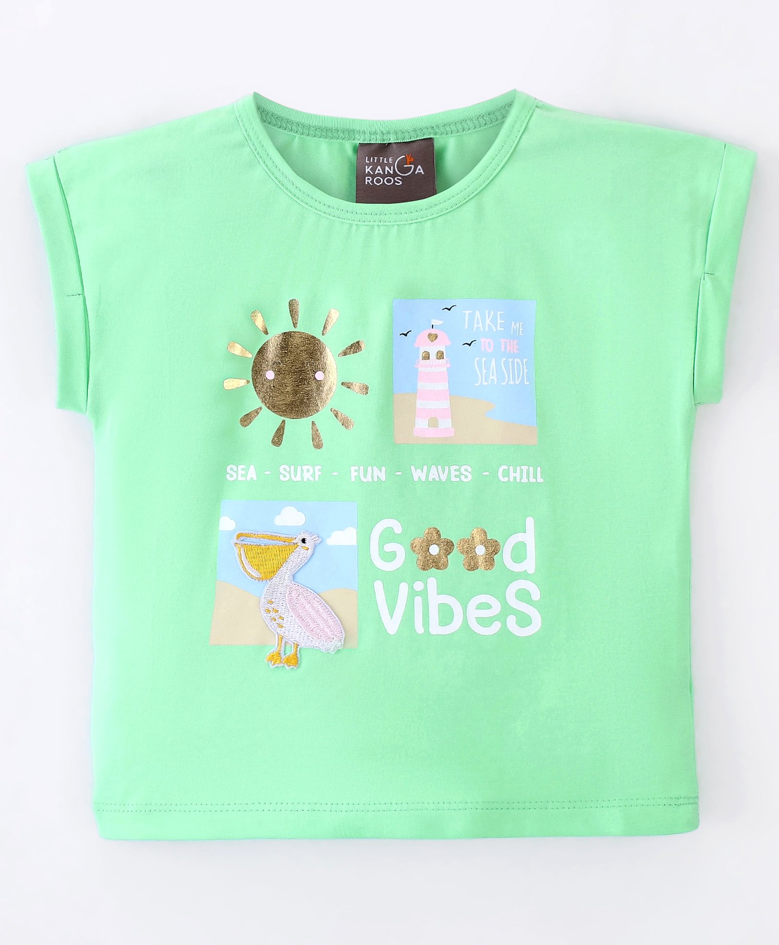 Little Kangaroos Cotton Blend Knit Half Sleeves T-Shirt Pelican Embroidery - Green-image-10