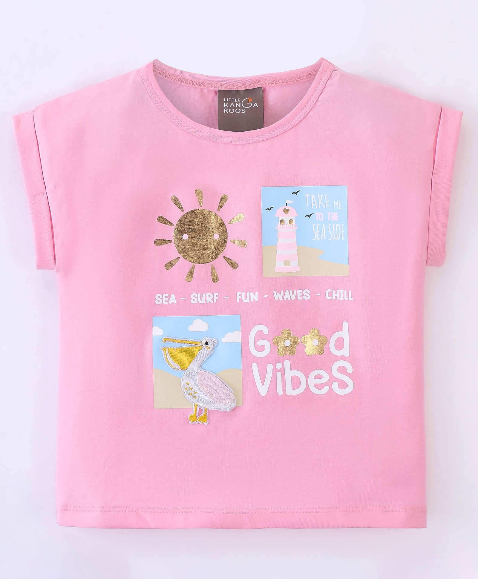 Little Kangaroos Cotton Blend Knit Half Sleeves T-Shirt Pelican Embroidery - Pink-picture-28