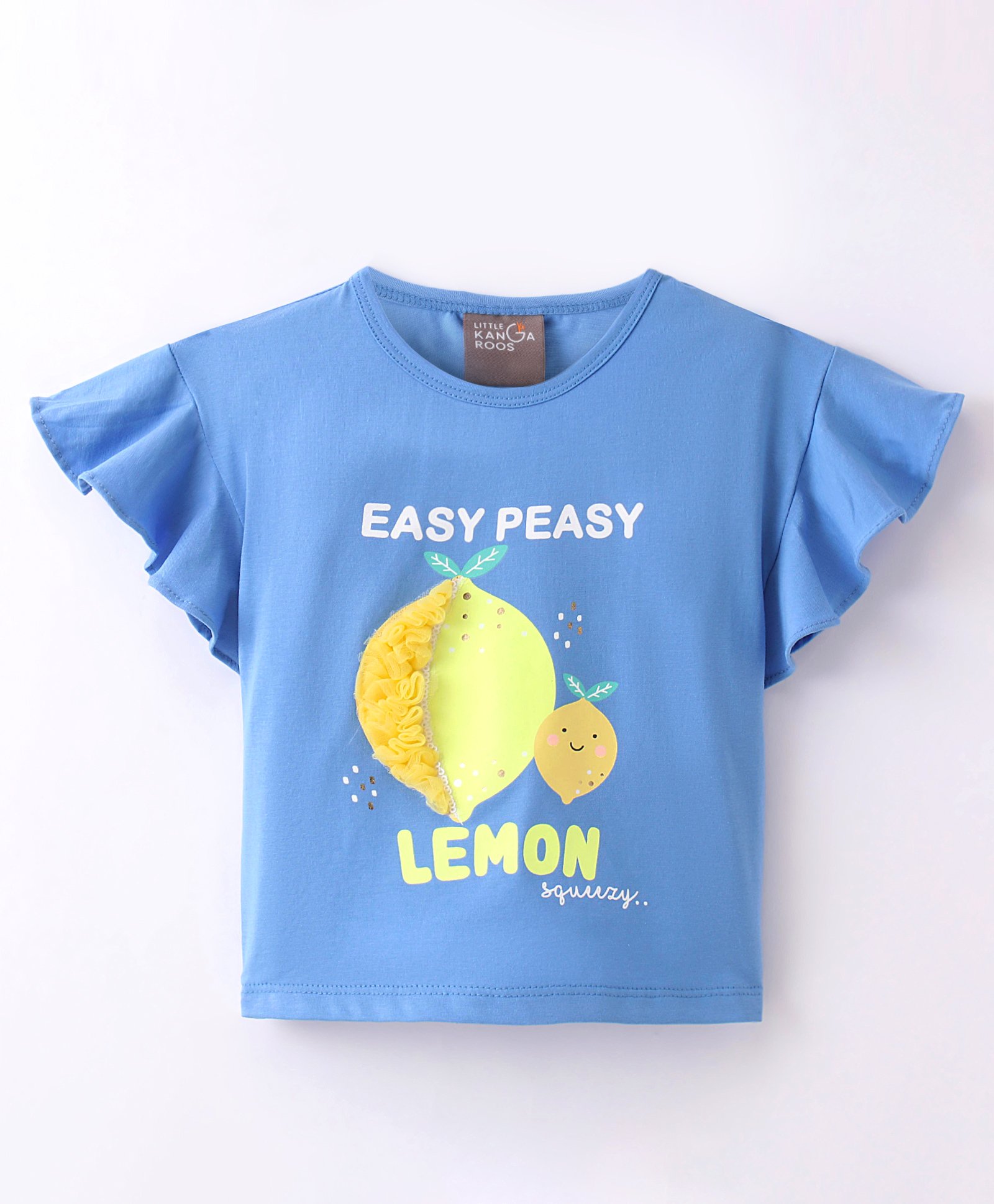 Little Kangaroos Cotton Blend Knit Half Sleeves Top Lemon Print - Royal Blue-picture-22