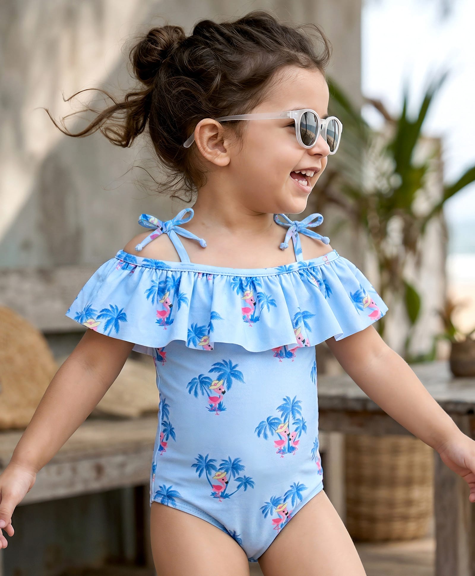 Babyhug Sleeveless V Cut Swimsuit Flamingo Print - Blue-image-49