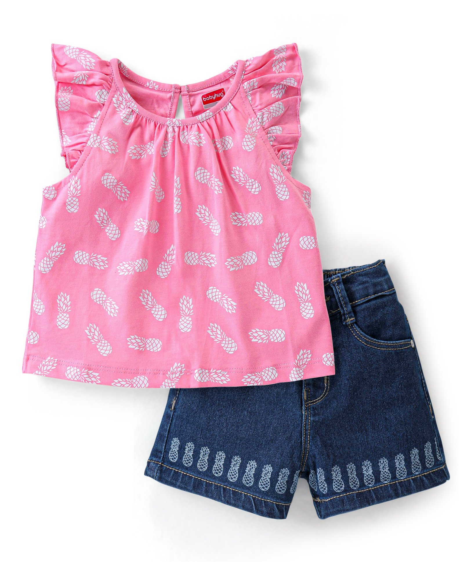 Babyhug 100% Cotton Knit Sleeveless Top & Denim Shorts With Pineapple Print - Pink & Blue-image-13