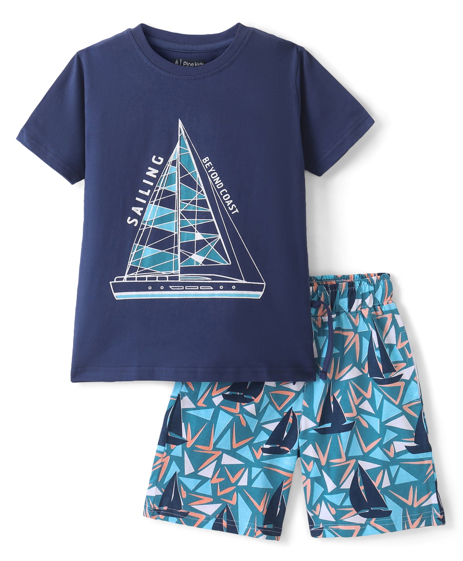 Pine Kids 100% Cotton Knit Half Sleeves Night Suit With Boat Print - Multicolor-picture-32