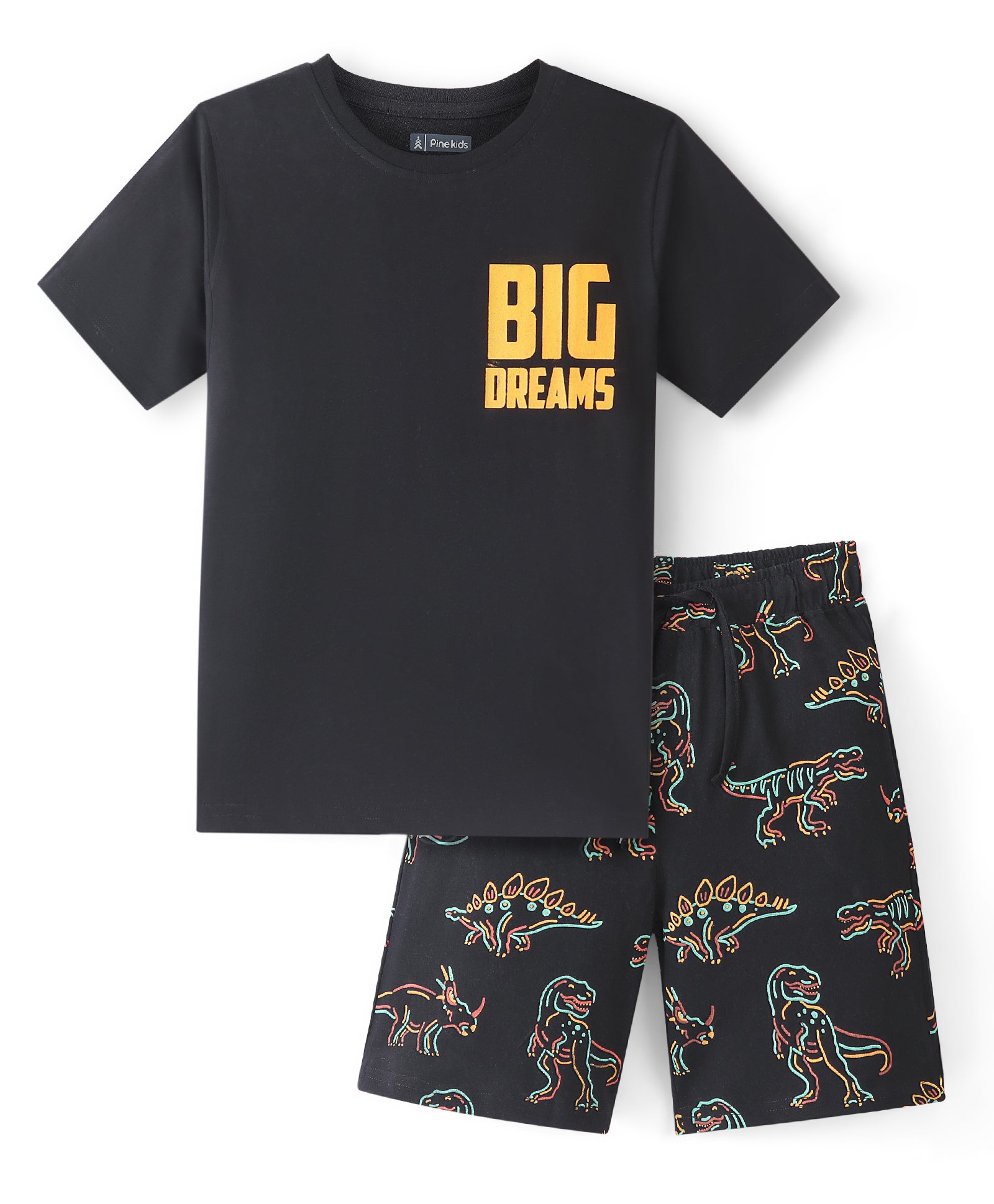 Pine Kids 100% Cotton Knit Half Sleeves Night Suit With Text & Dino Print - Black-picture-31