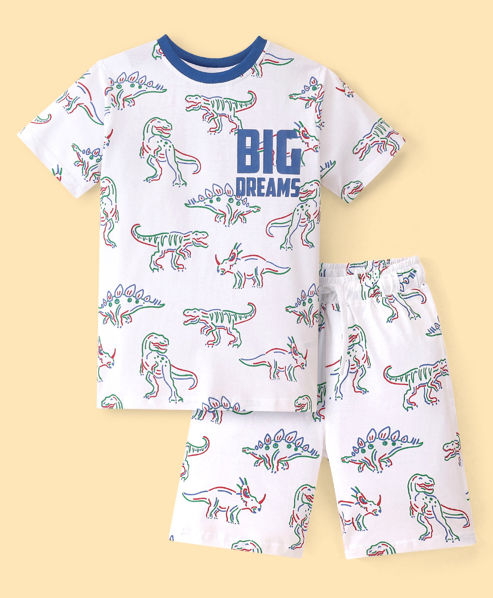 Pine Kids Cotton Knit Half Sleeves Night Suit With Dino Print - White-picture-13