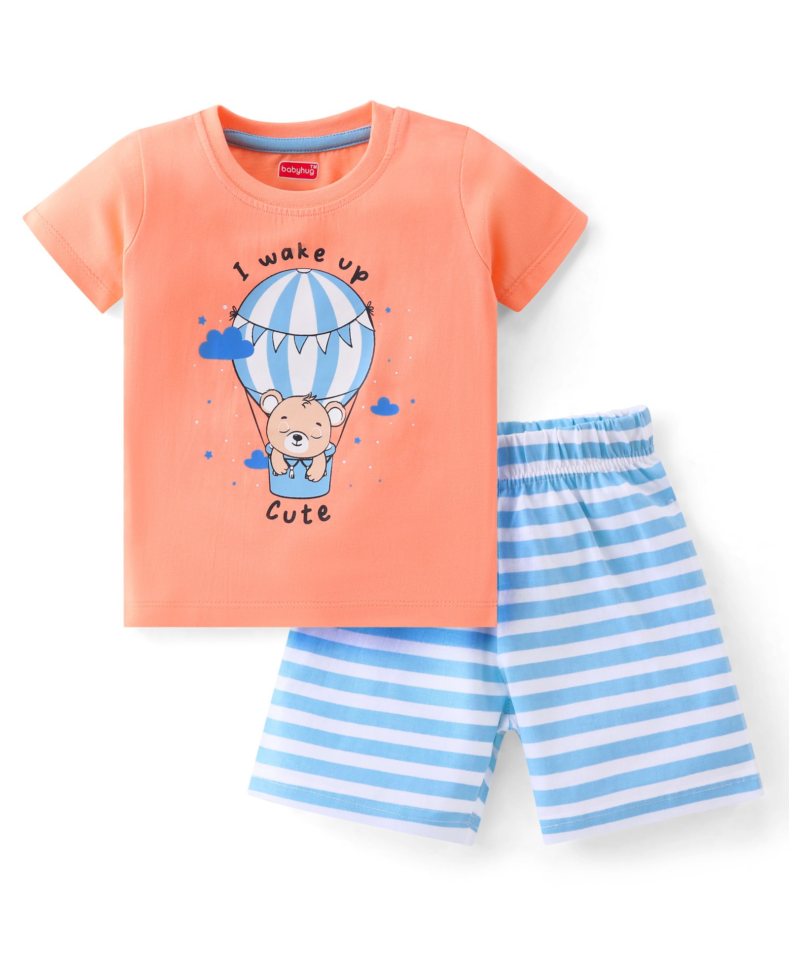 Babyhug Cotton Knit Half Sleeves Night Suit With Teddy Print - Orange & Blue-picture-16