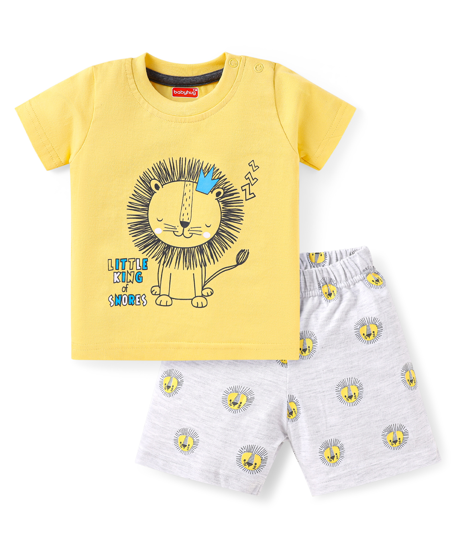Babyhug Single Jersey Knit Half Sleeves Night Suit With Lion Print - Yellow & Grey-picture-17