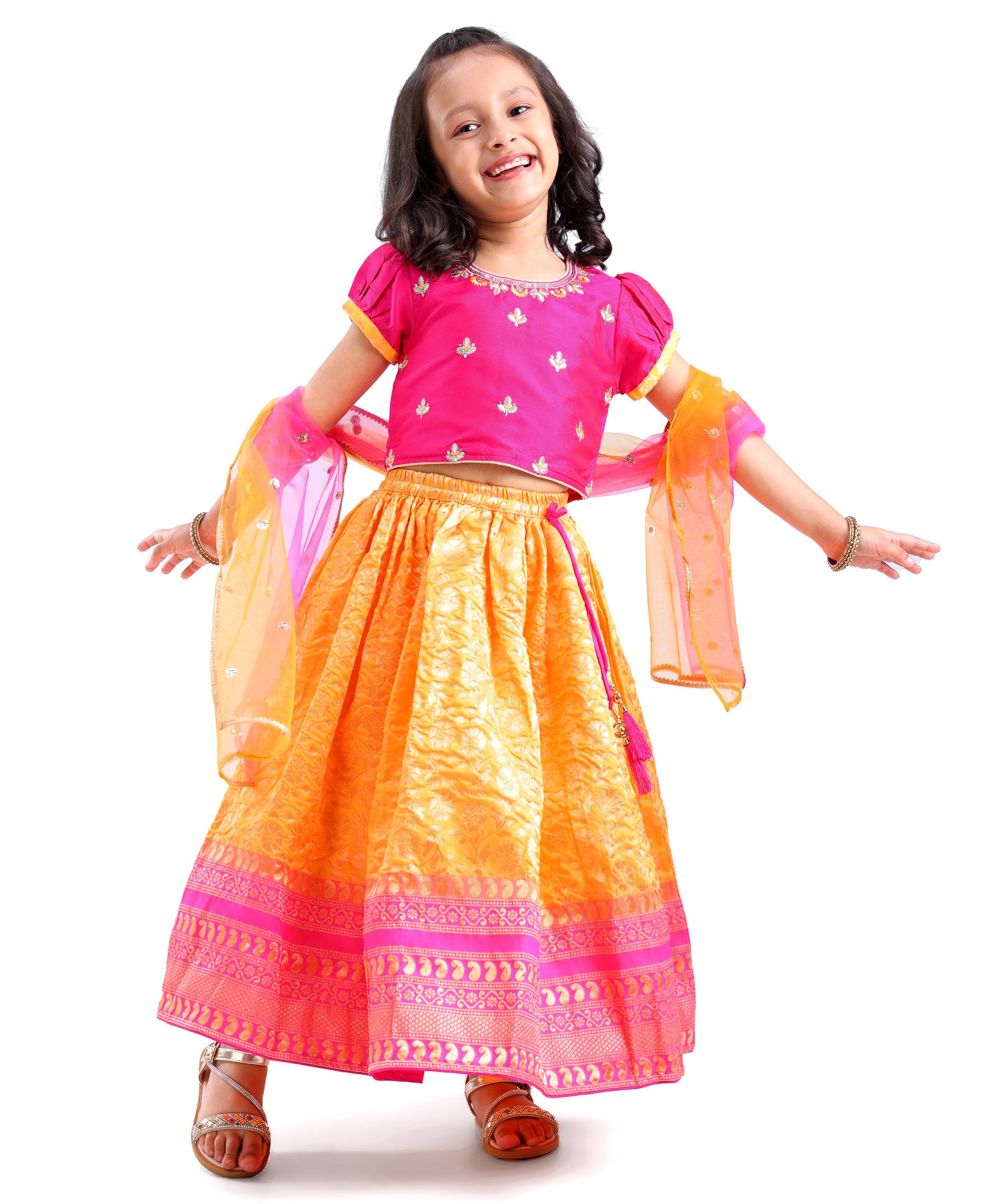 Babyhug Short Sleeves Banarsi Embroidered Choli with Brocade Lehenga & Dupatta - Mustard-image-23