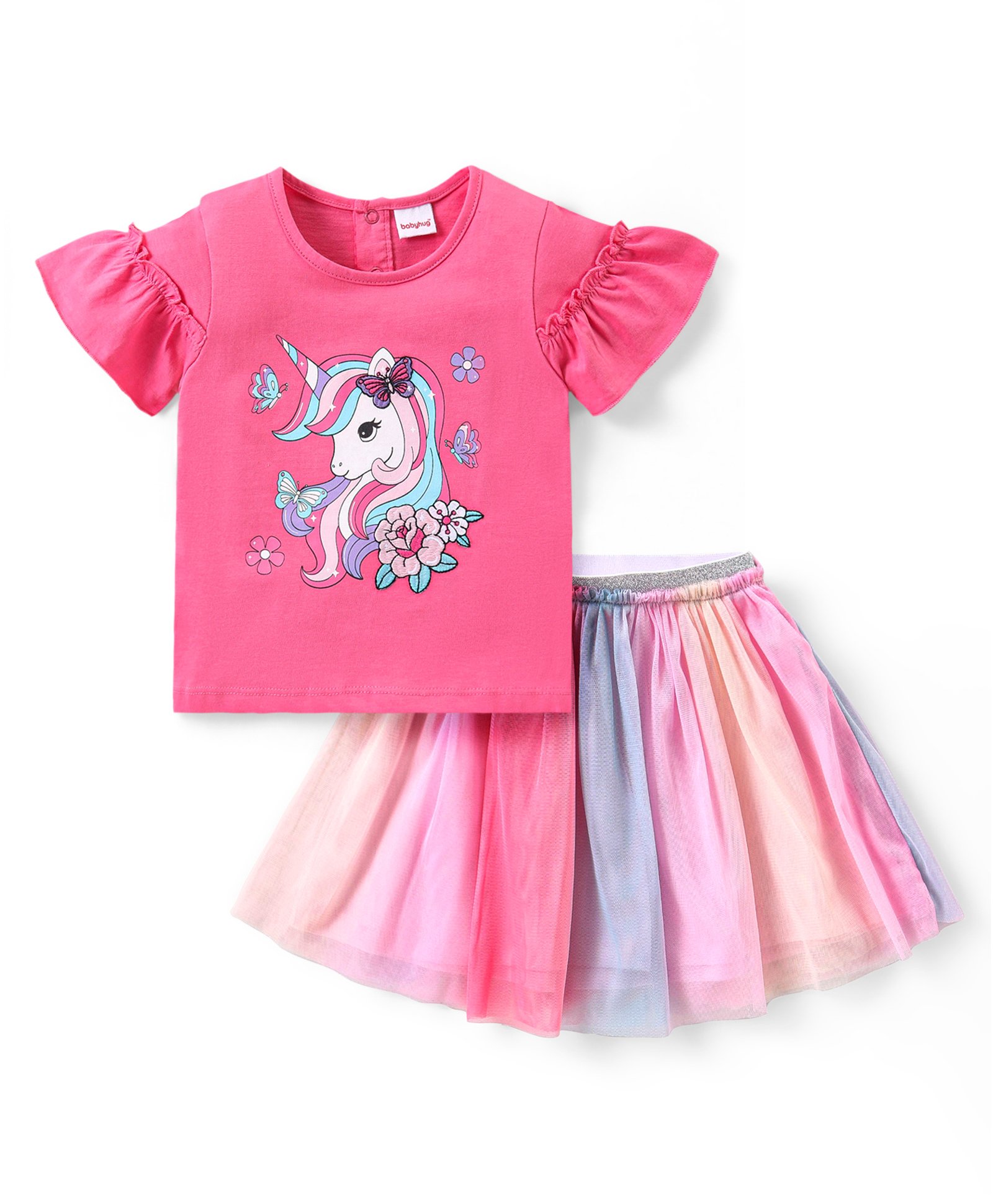 Babyhug Single Jersey Knit Half Sleeves Unicorn Print Top & Skirt Set- Multicolour-image-32