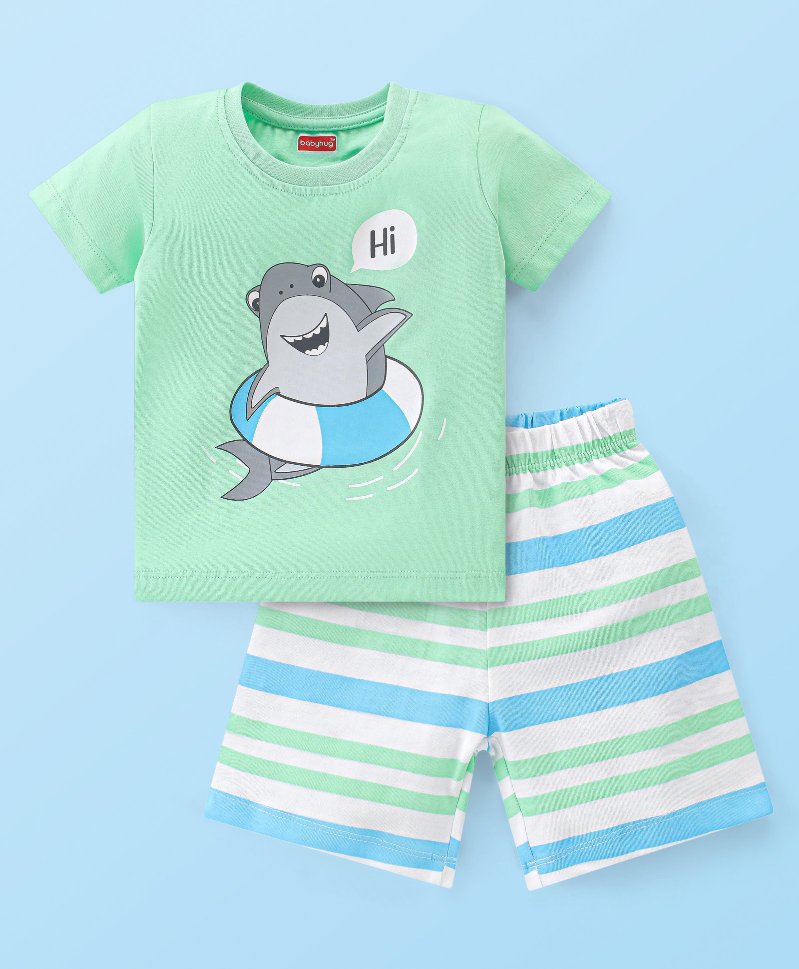 Babyhug Single Jersey Knit Half Sleeves Short Set Striped & Shark Print - Green-picture-12