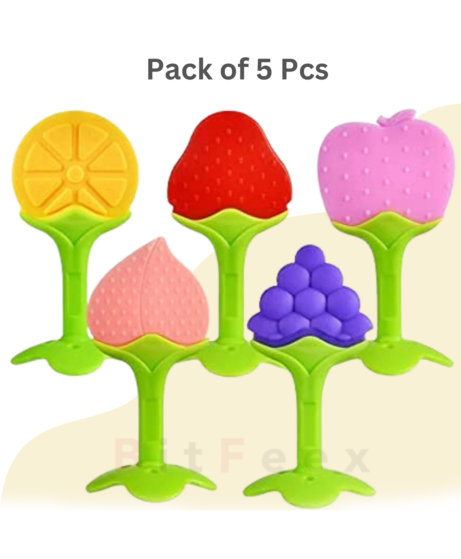 BitFeex Soft Silicone Baby Teether Pacifier Fruit Shape Baby Toys Feeder Infants Teethers Hygienic Case BPA Free-Pack of 5pcs-image-31