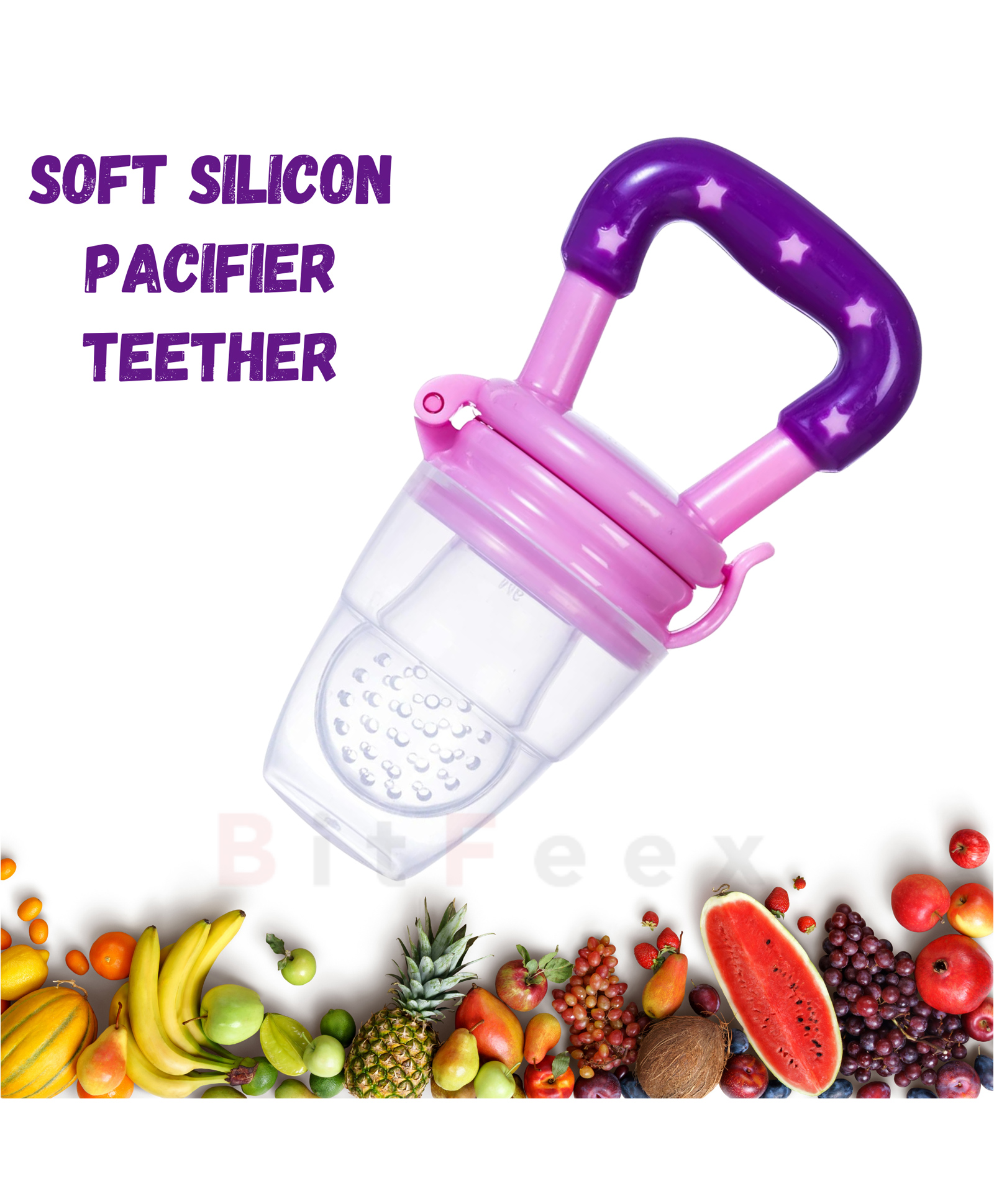 BitFeex Silicone Food Fruit Nibbler with Extra Mesh Soft Pacifier Feeder Teether for Infant Baby Elegant Purple BPA Free-image-40