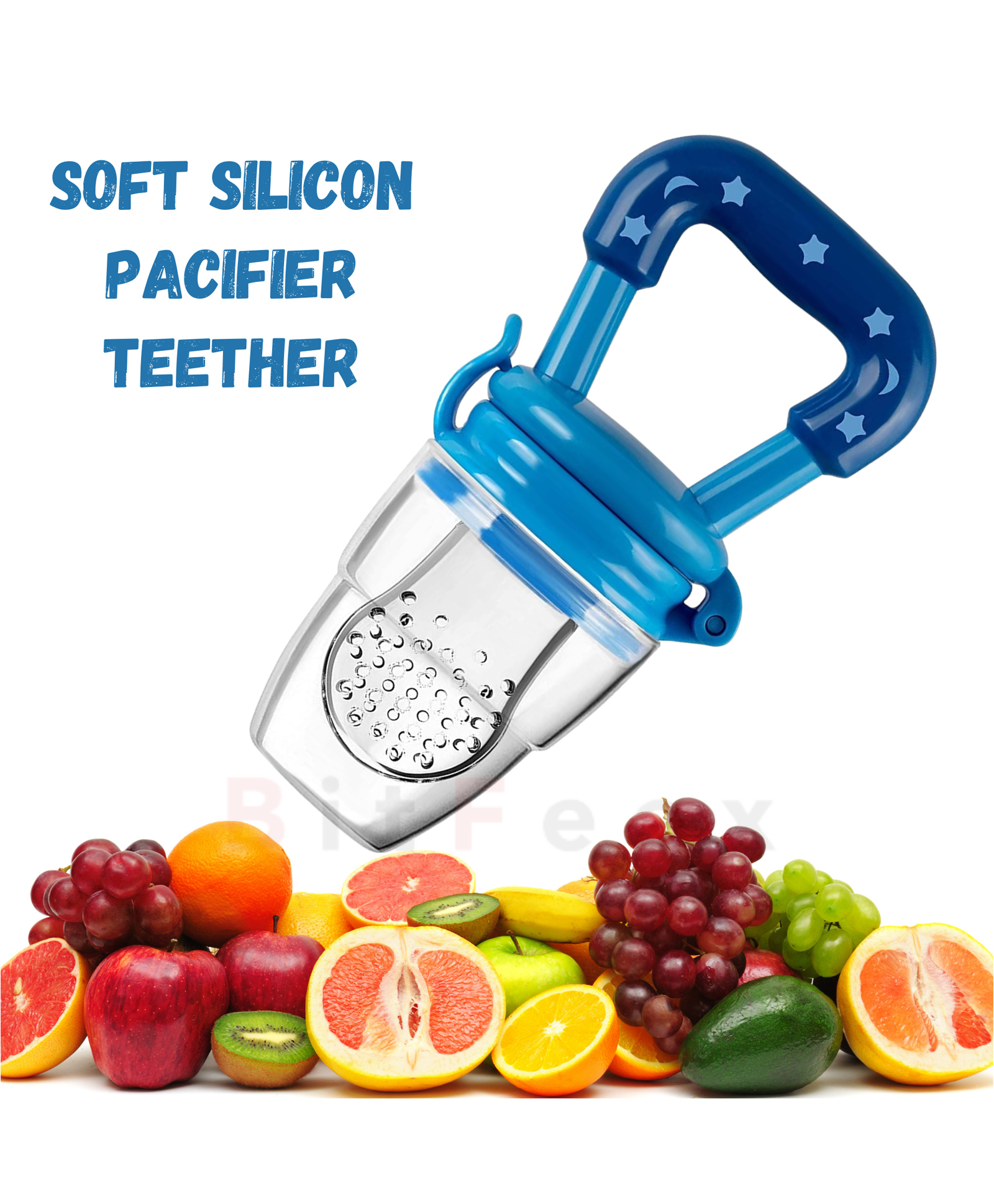 BitFeex Silicone Food Fruit Nibbler with Extra Mesh Soft Pacifier Feeder Teether for Infant Baby Elegant Blue BPA Free-image-21
