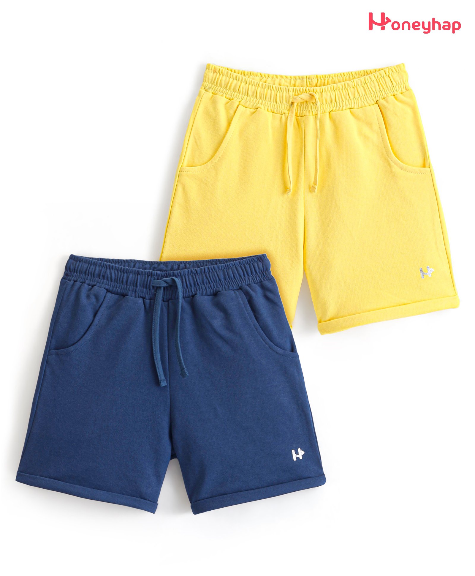 Honeyhap Premium  100% Cotton Looper Solid Colour Shorts  With Bio Finish Pack of 2 -Gold Finch Yellow & Navy Peony-image-33