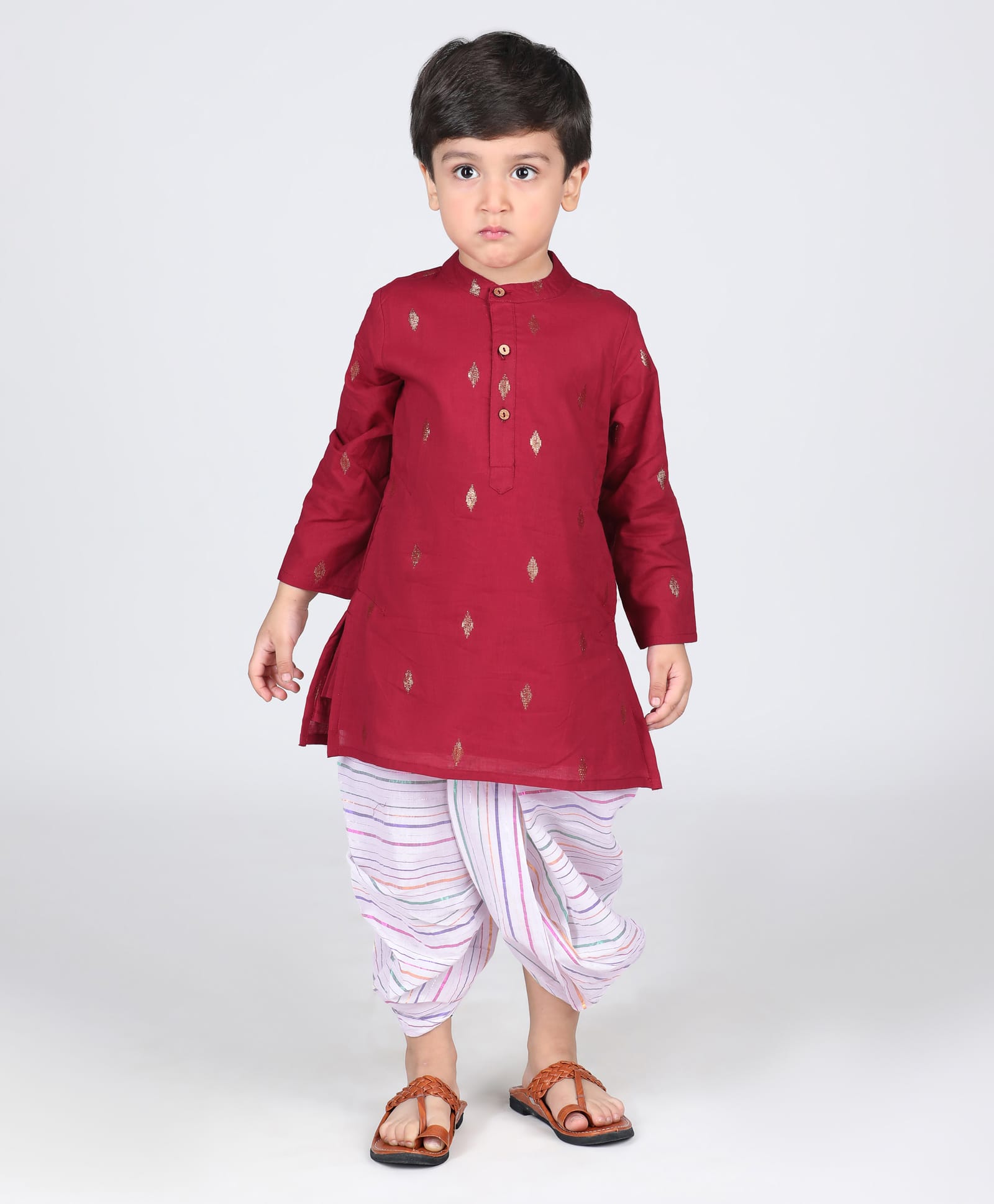 Babyhug Cotton Woven Full Sleeves Gold Foil Printed Kurta & Striped Dhoti Set - Red-image-15