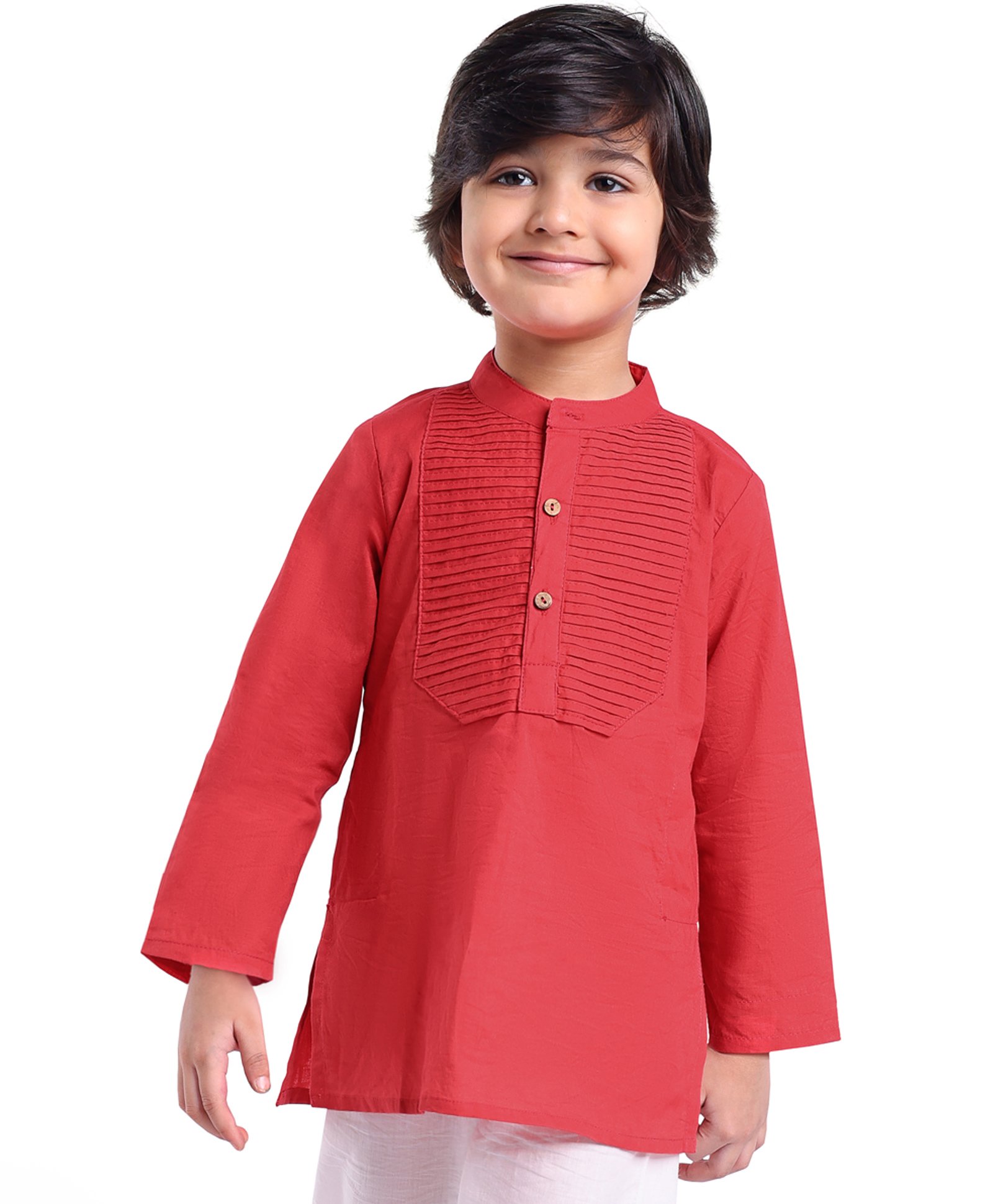 Babyhug Cotton  Woven Full Sleeves Front Pleated Solid Colour Kurta - Red-image-37