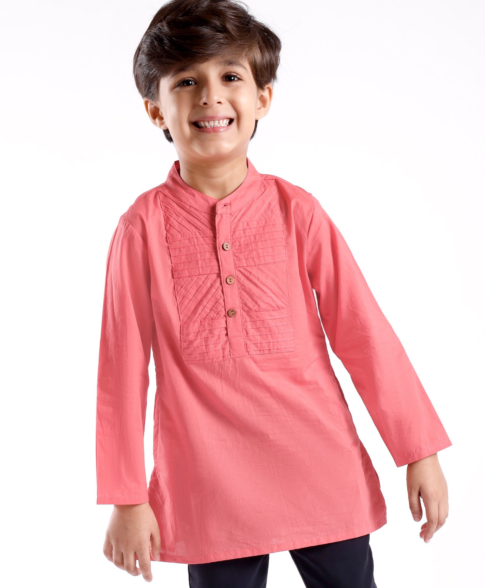 Babyhug Cotton Full Sleeves Front Pleated Kurta - Coral-picture-18