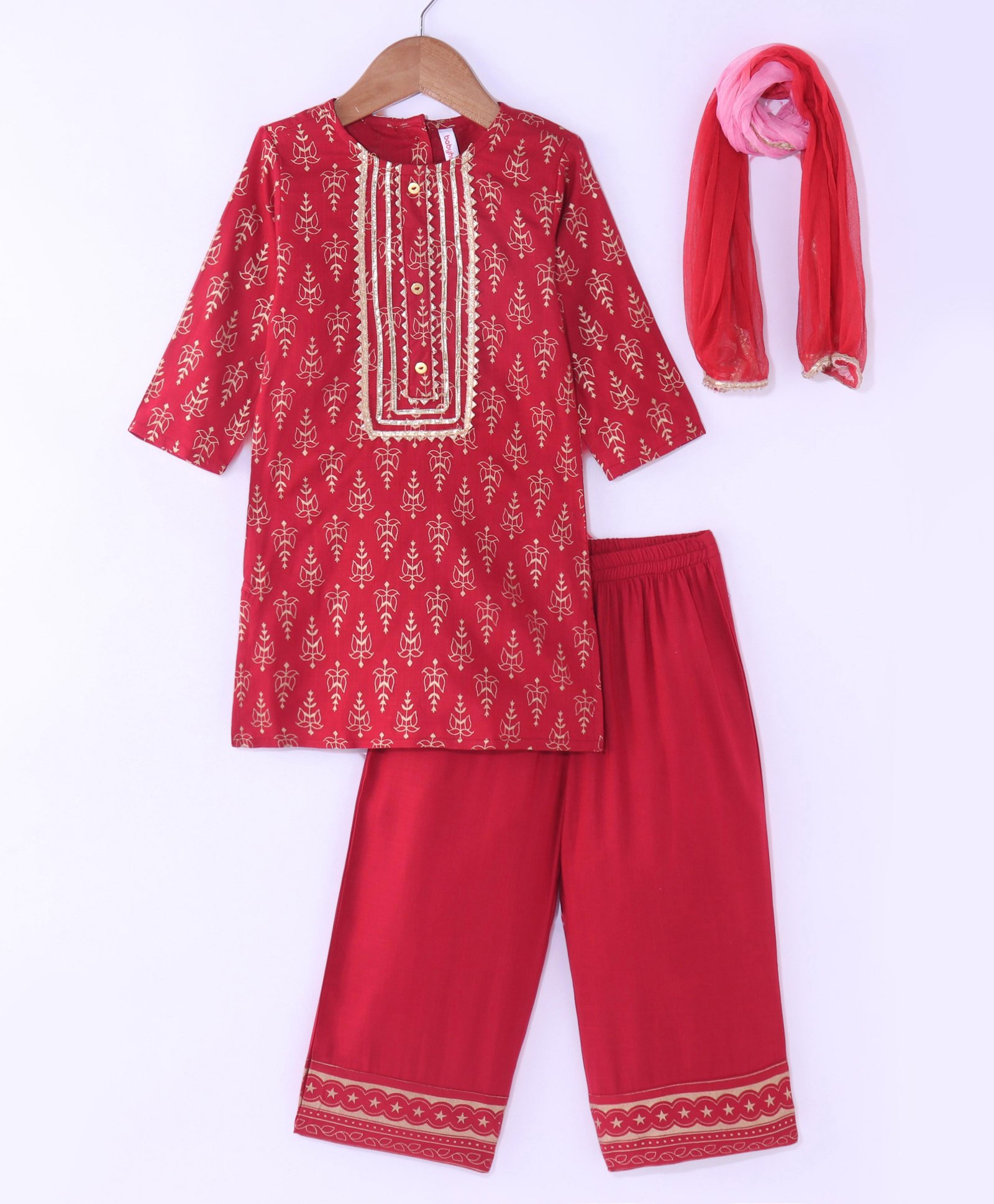 Babyhug Cotton Woven Three Fourth Sleeves Foil Printed Kurti Palazo  Set with Dupatta - Maroon-image-44