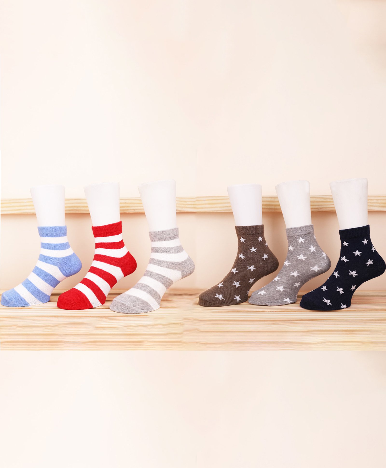 Footprints Organic Cotton Pack Of 6 Bamboo Striped & Star Printed Super Soft Socks - White & Grey-picture-26