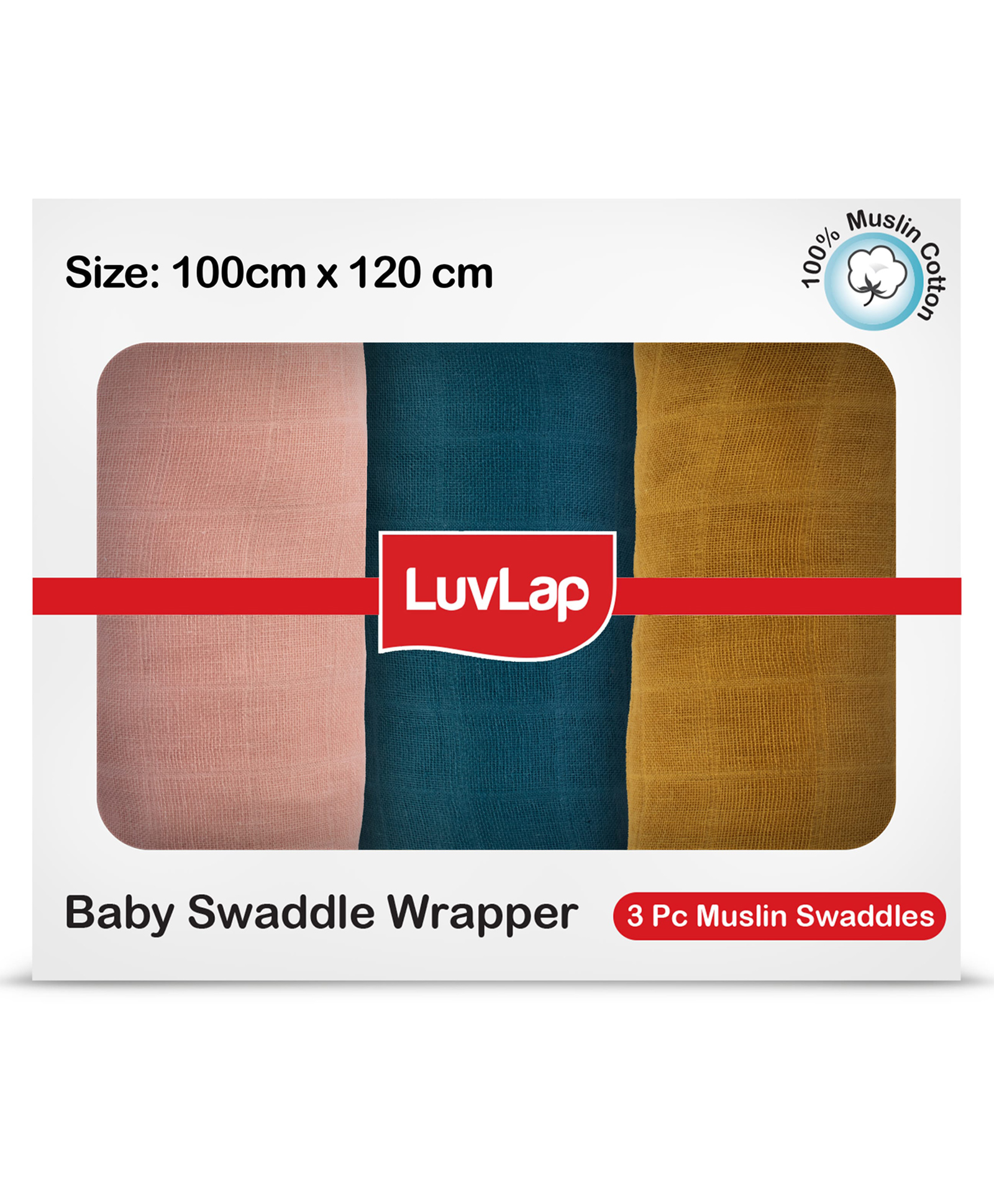 Luv Lap 100% Muslin Cotton Plain Dyed Baby Swaddle Wrapper Set Pack Of 3 - Multicolour-image-13
