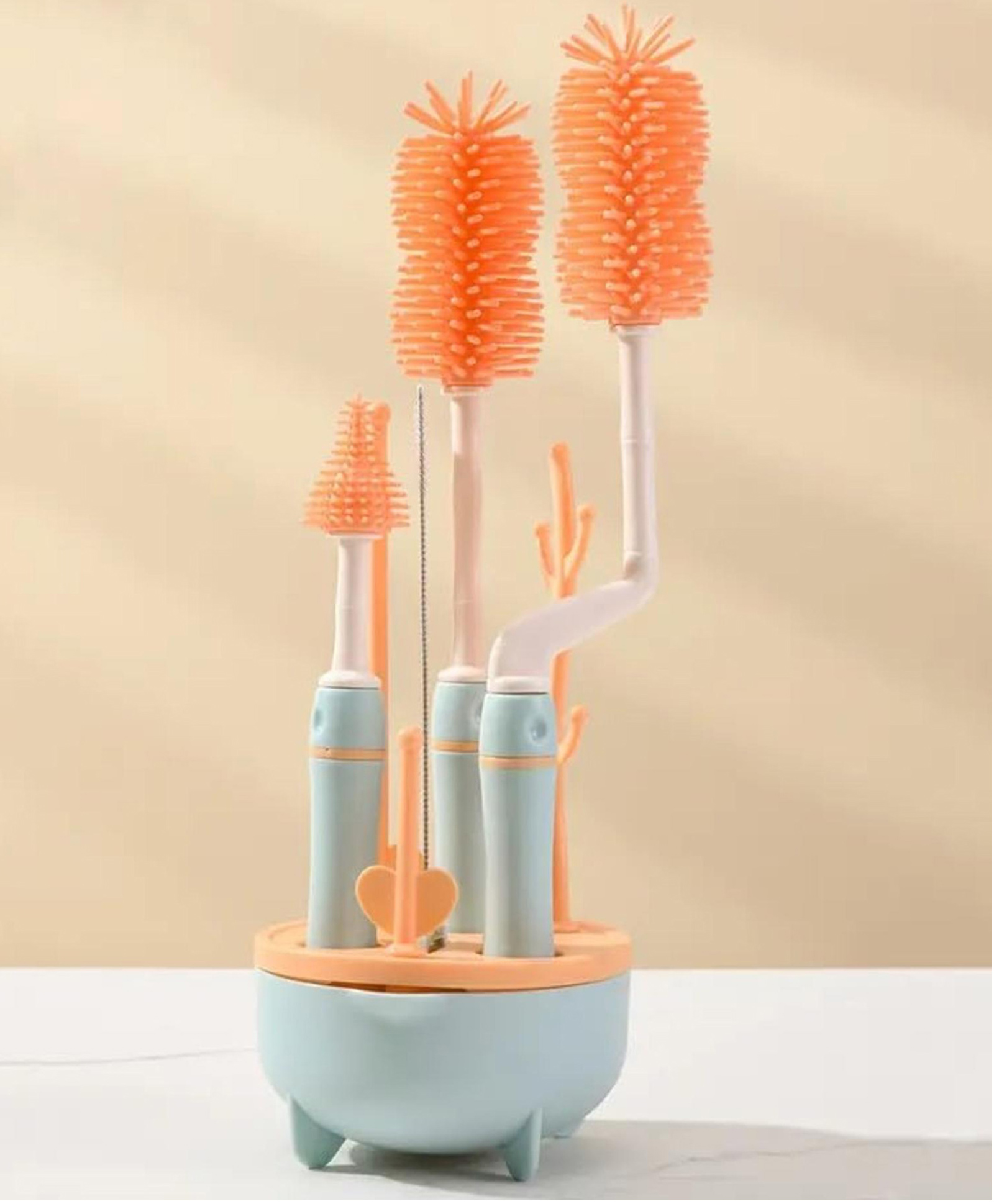 THE LITTLE LOOKERS Silicone Bottle Brush Set with Stand, 360° Rotating Silicone Bottle Cleaning Brush Cleaner Set, Long Handle 4 in 1 Multipurpose Silicone Baby Bottle Straw Cleaner Brush (Orange)-image-14