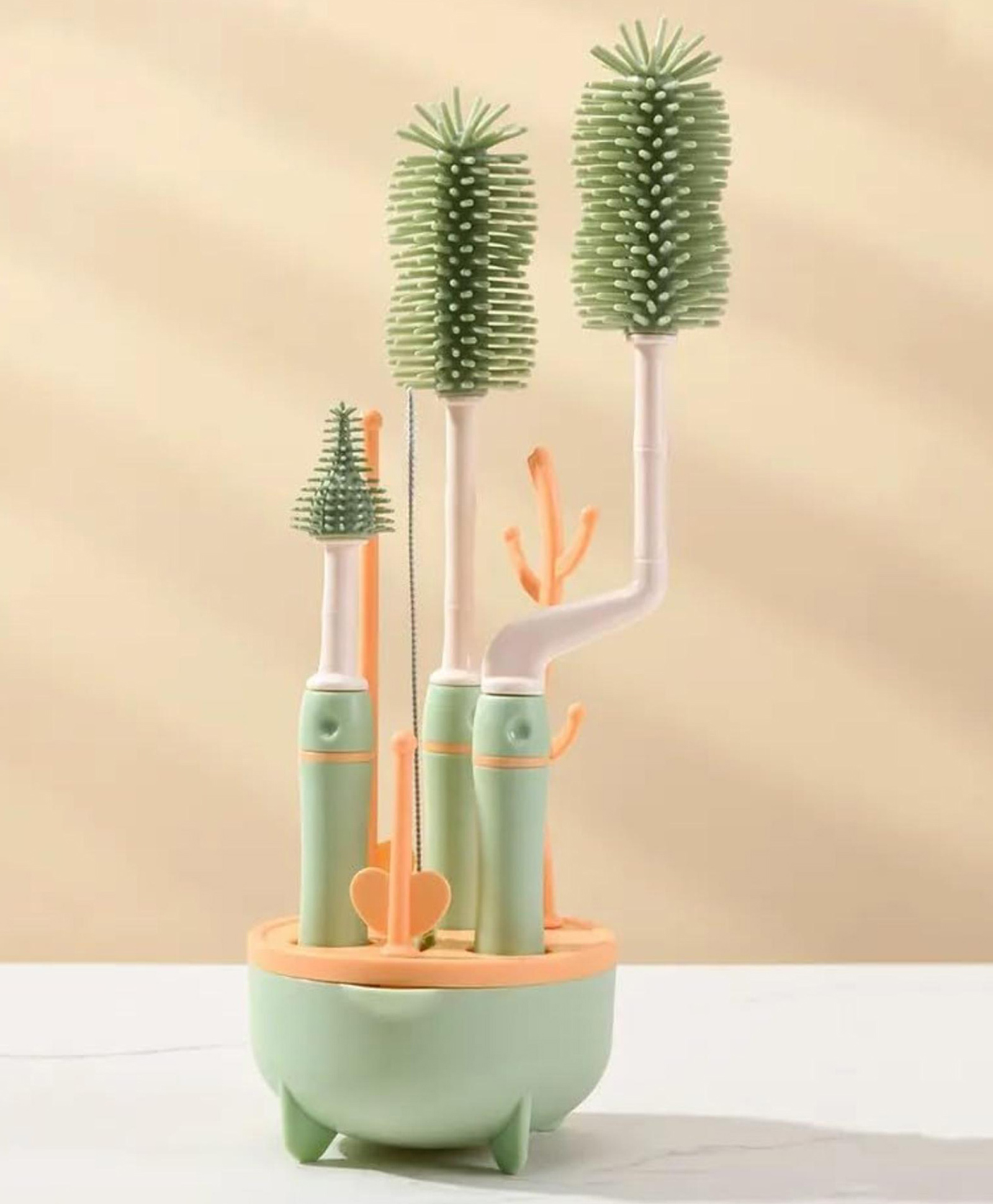 THE LITTLE LOOKERS Silicone Bottle Brush Set with Stand, 360° Rotating Silicone Bottle Cleaning Brush Cleaner Set, Long Handle 4 in 1 Multipurpose Silicone Baby Bottle Straw Cleaner Brush (Green)-picture-13