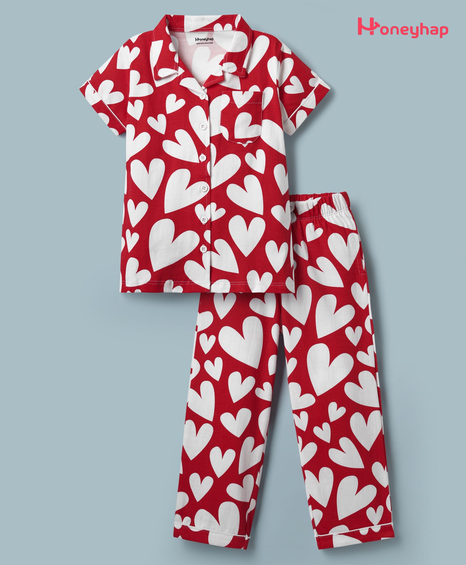 Honeyhap Premium 100% Cotton Single Jersey With Bio Finish Half Sleeves Night Suit With Heart Print - White & Red-picture-17