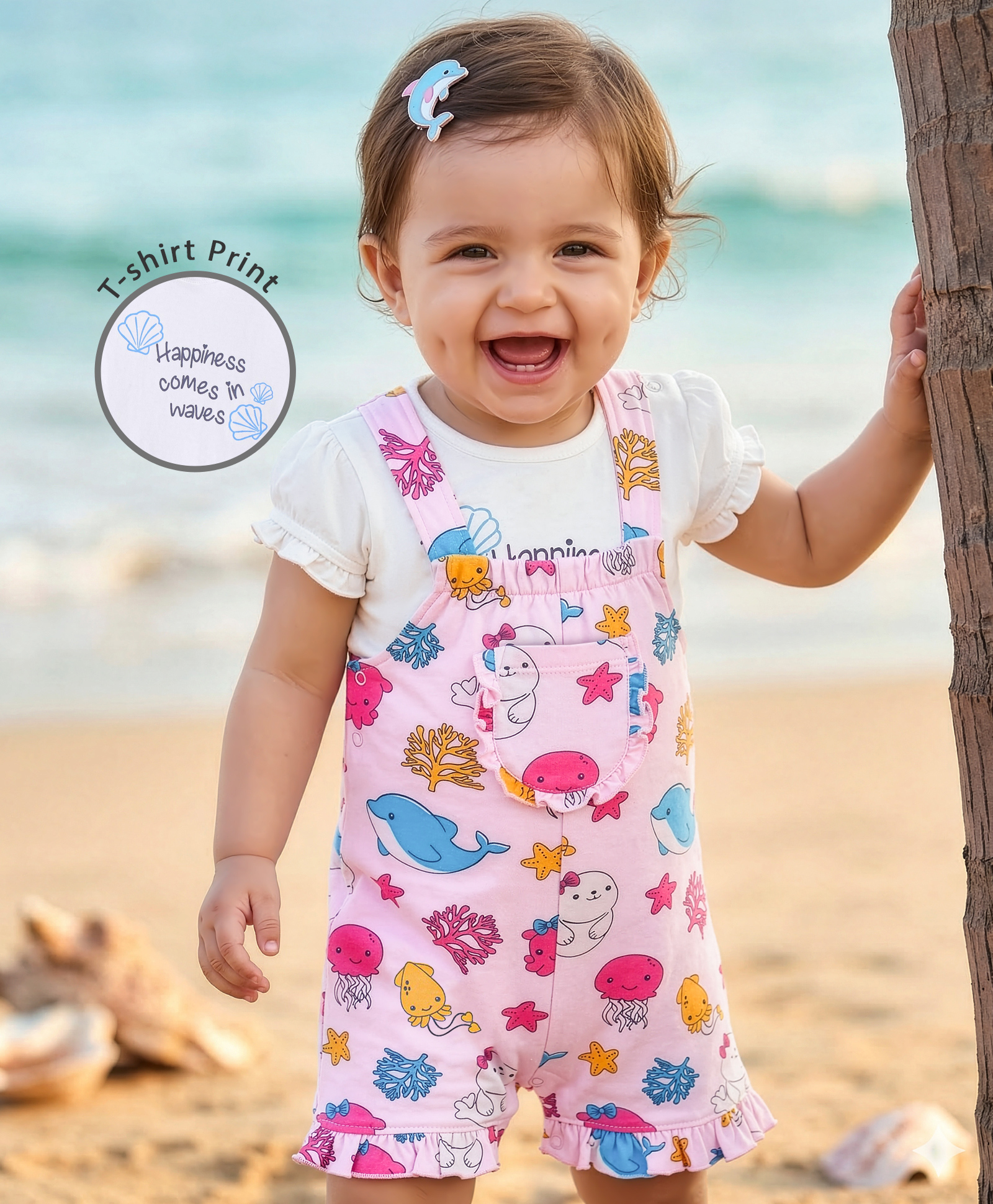 Babyoye Eco Conscious Cotton Knit Dungaree with Half Sleeves Inner T-Shirt Sea Life Print - Pink & White-image-19
