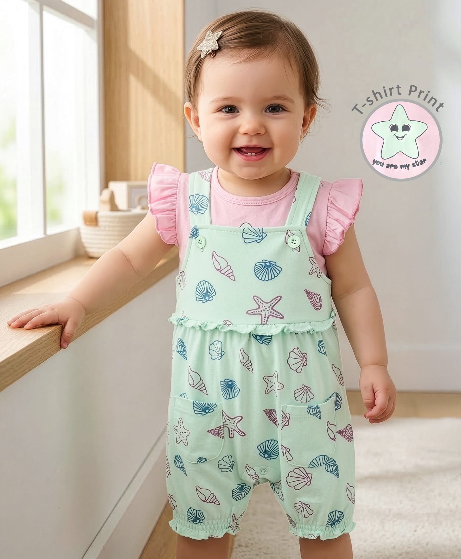 Babyoye Eco Conscious Cotton Knit Dungaree Style Romper with Frill Sleeves T-Shirt with Pocket Detailing Sea Life Theme Print - Pink  & Blue-image-6