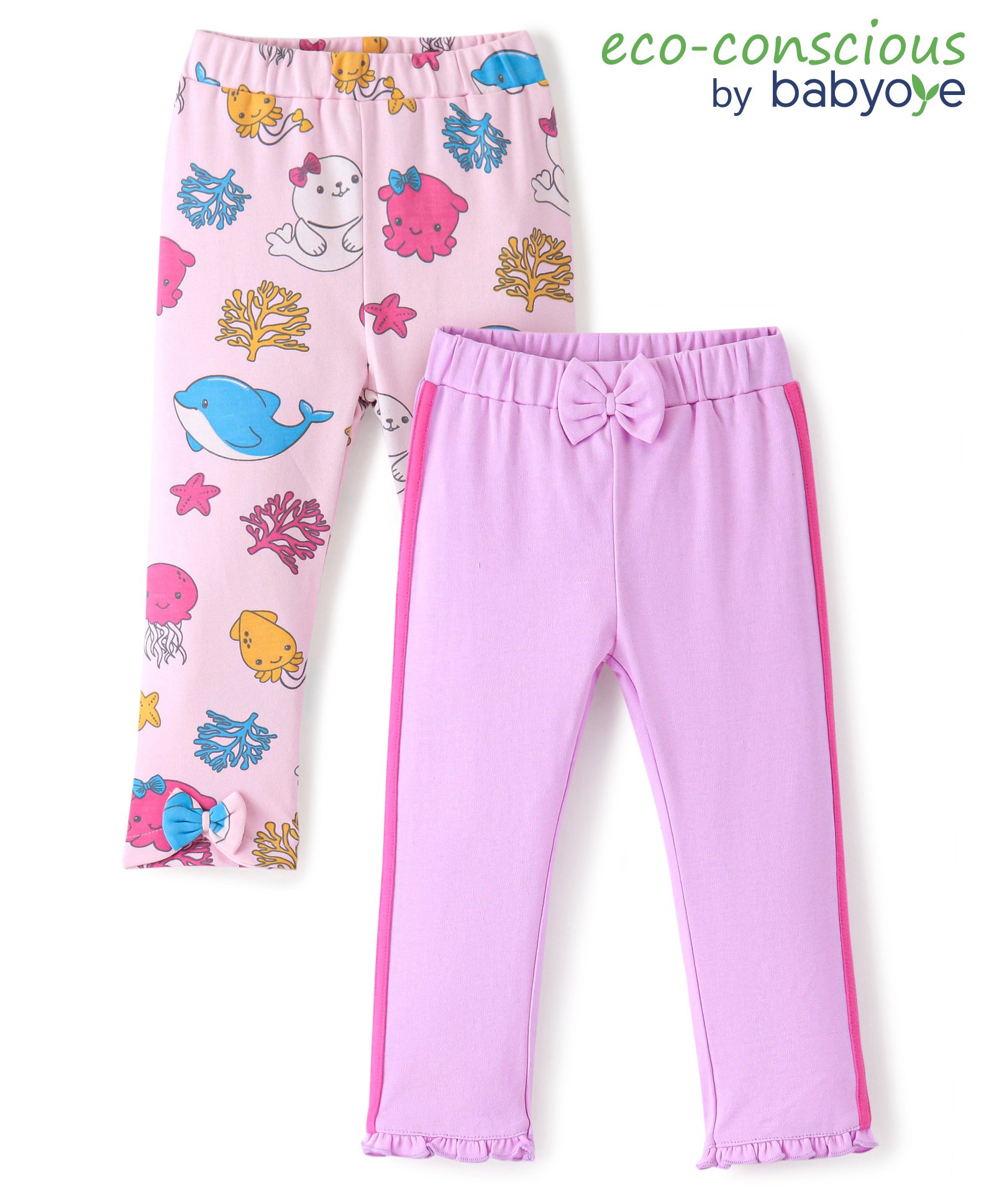 Babyoye Eco Conscious Cotton Full Length Legging Solid Color & Dolphin Print Pack of 2 - Pink & Lavender-picture-15