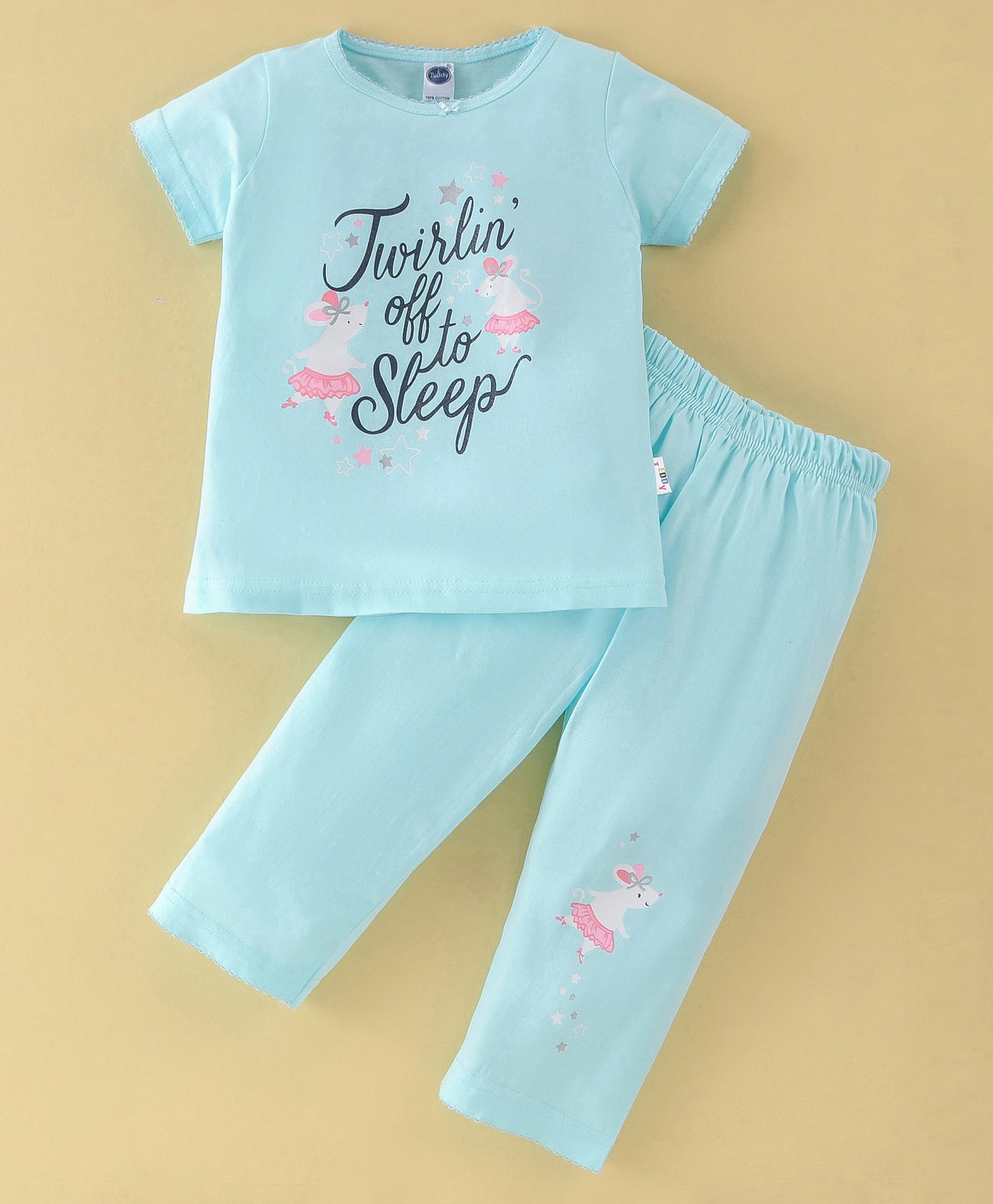 Teddy Sinker Knit Half Sleeves Night Suit With Text Print - Sea Green-picture-9